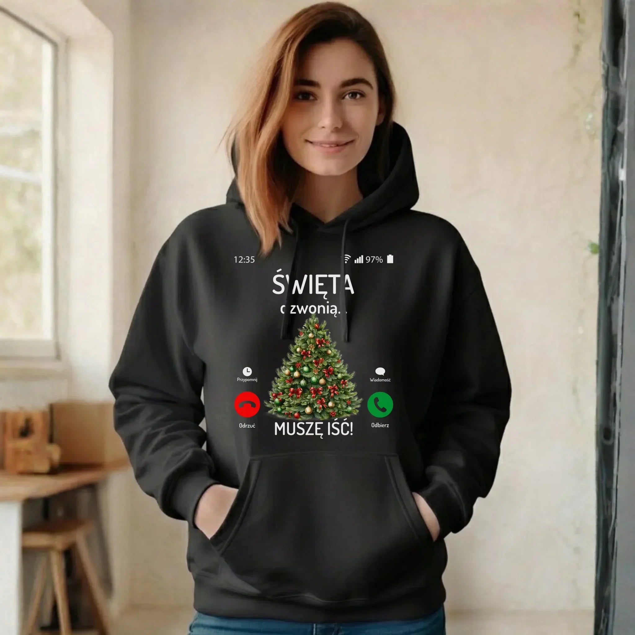 Bluza damska z kapturem świąteczna - Choinka Święta dzwonią muszę iść BN124 - StoryCups.pl