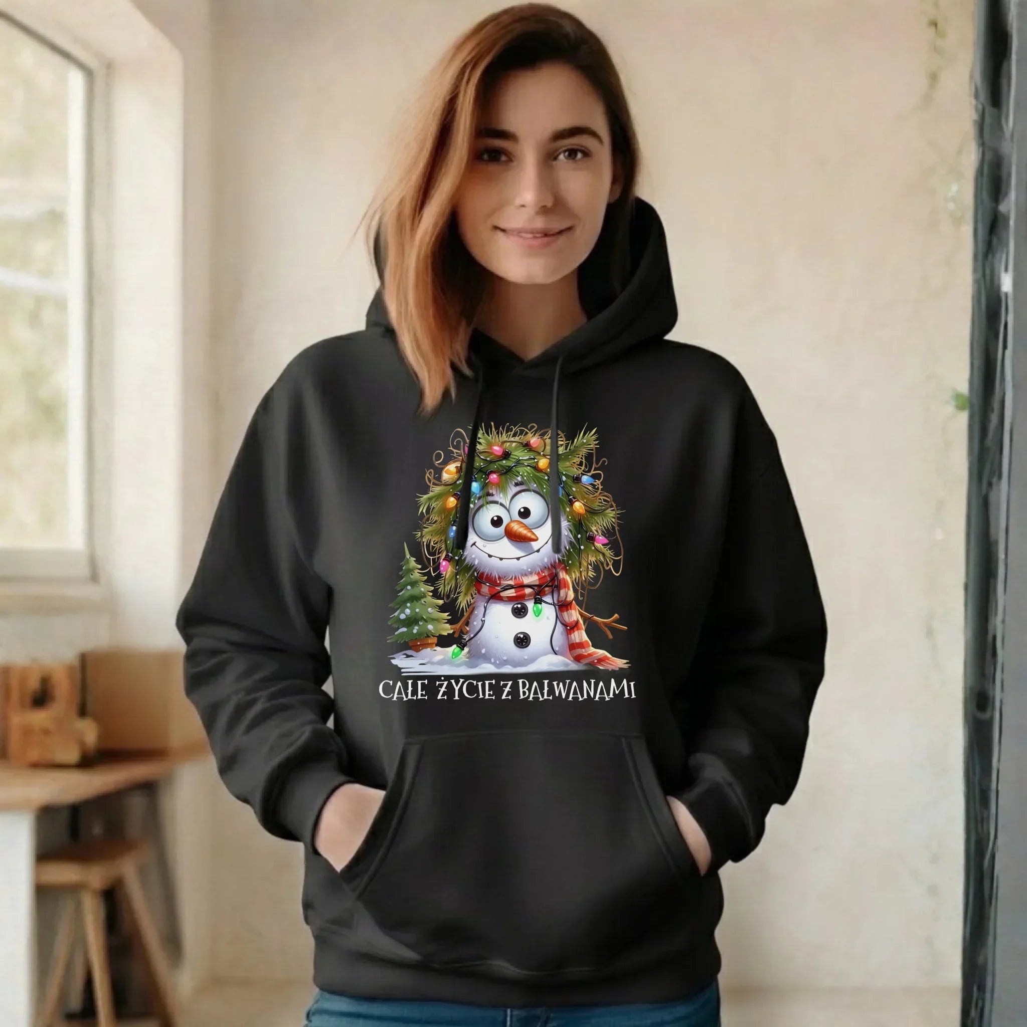 Bluza damska z kapturem świąteczna - Całe życie z bałwanami BN125 - StoryCups.pl