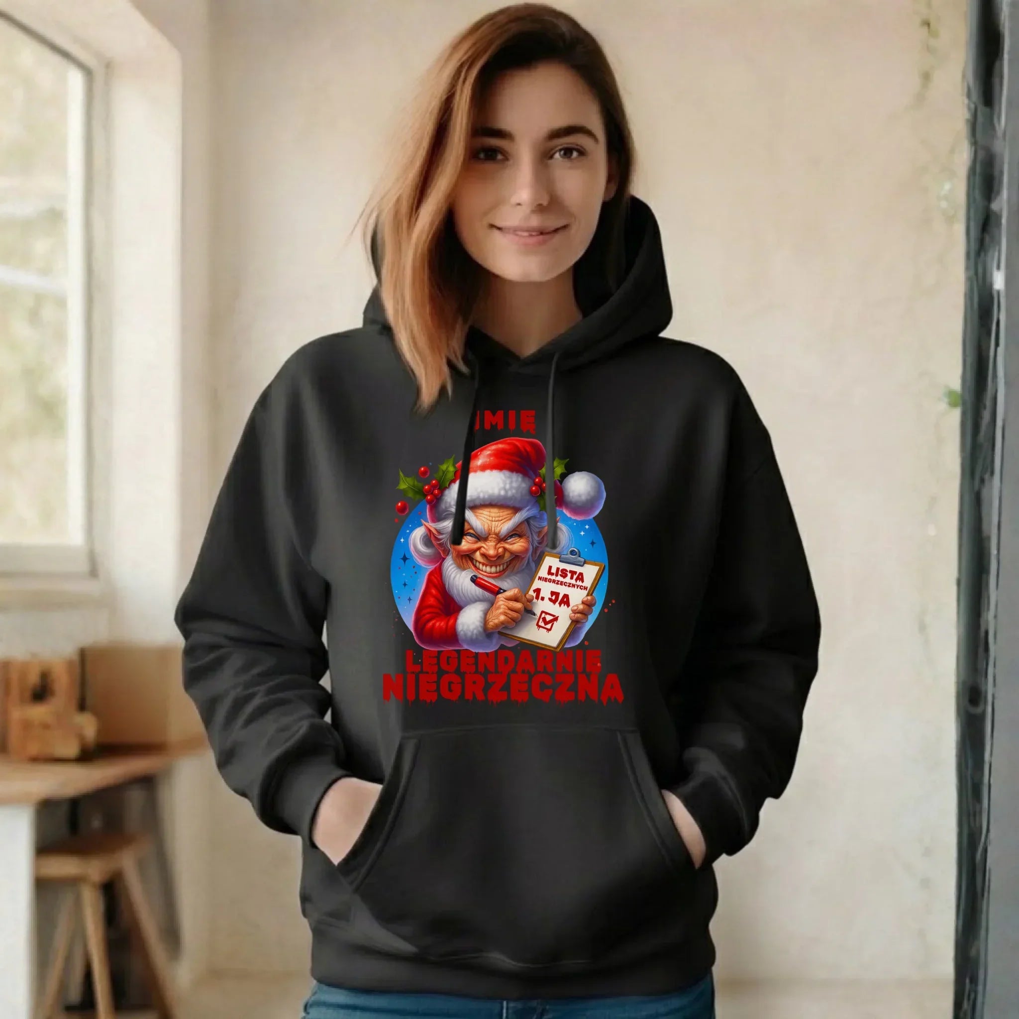 Bluza damska z kapturem świąteczna - Legendarnie niegrzeczna - personalizowana BN122 - StoryCups.pl