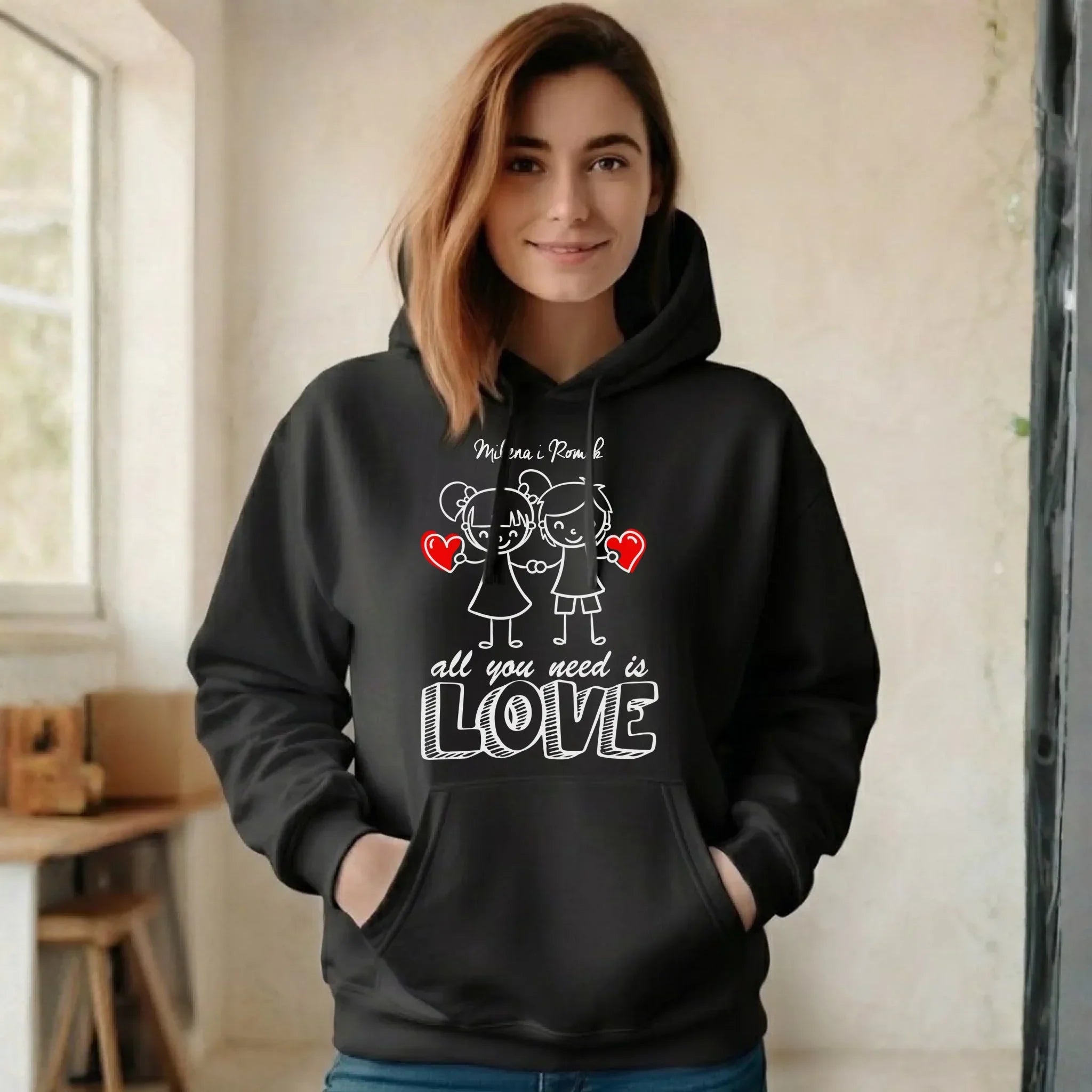 Bluza damska z kapturem dla par - All You need is love - personalizowana W13 - StoryCups.pl