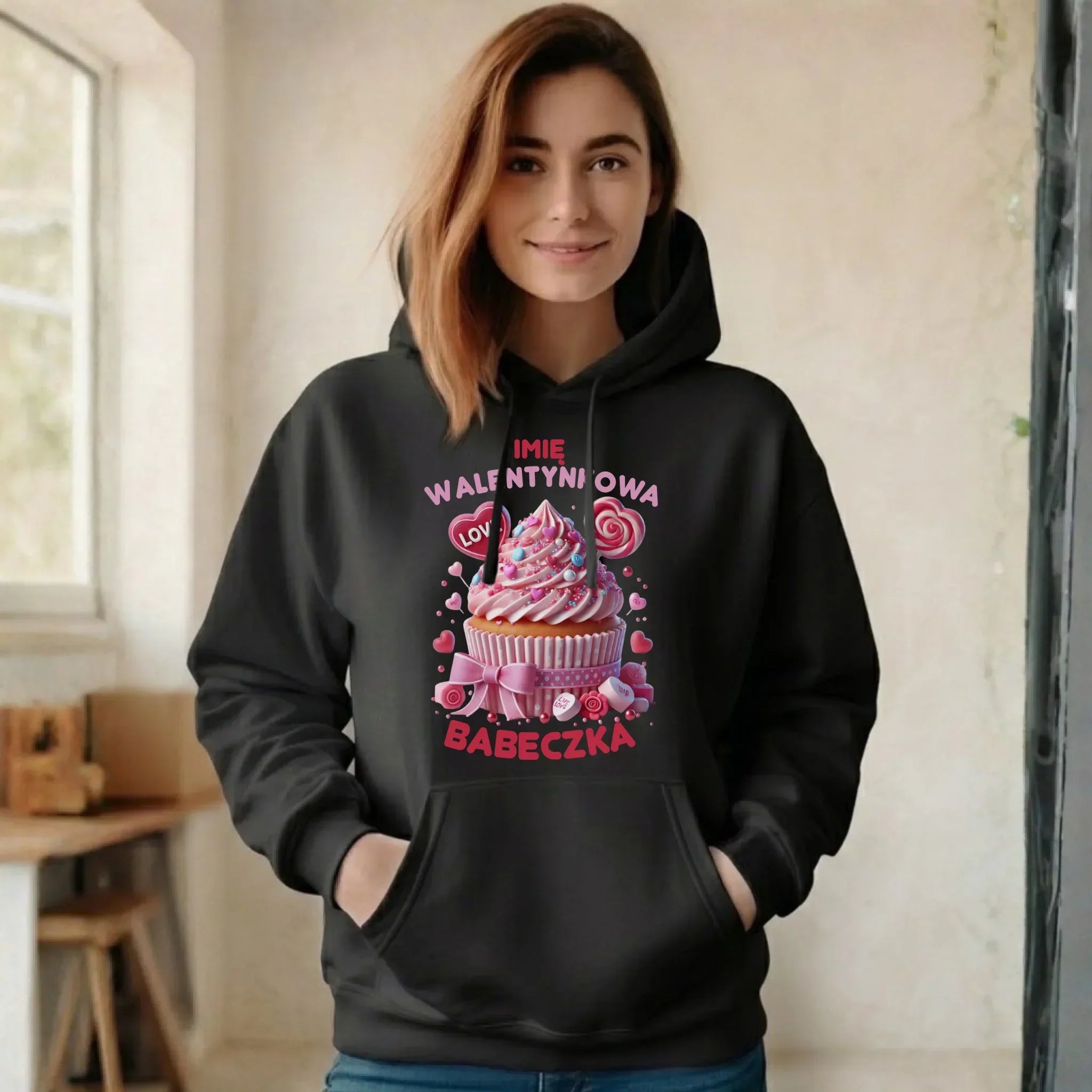 Bluza damska z kapturem na Walentynki - Walentynkowa Babeczka - personalizowana W21 - StoryCups.pl