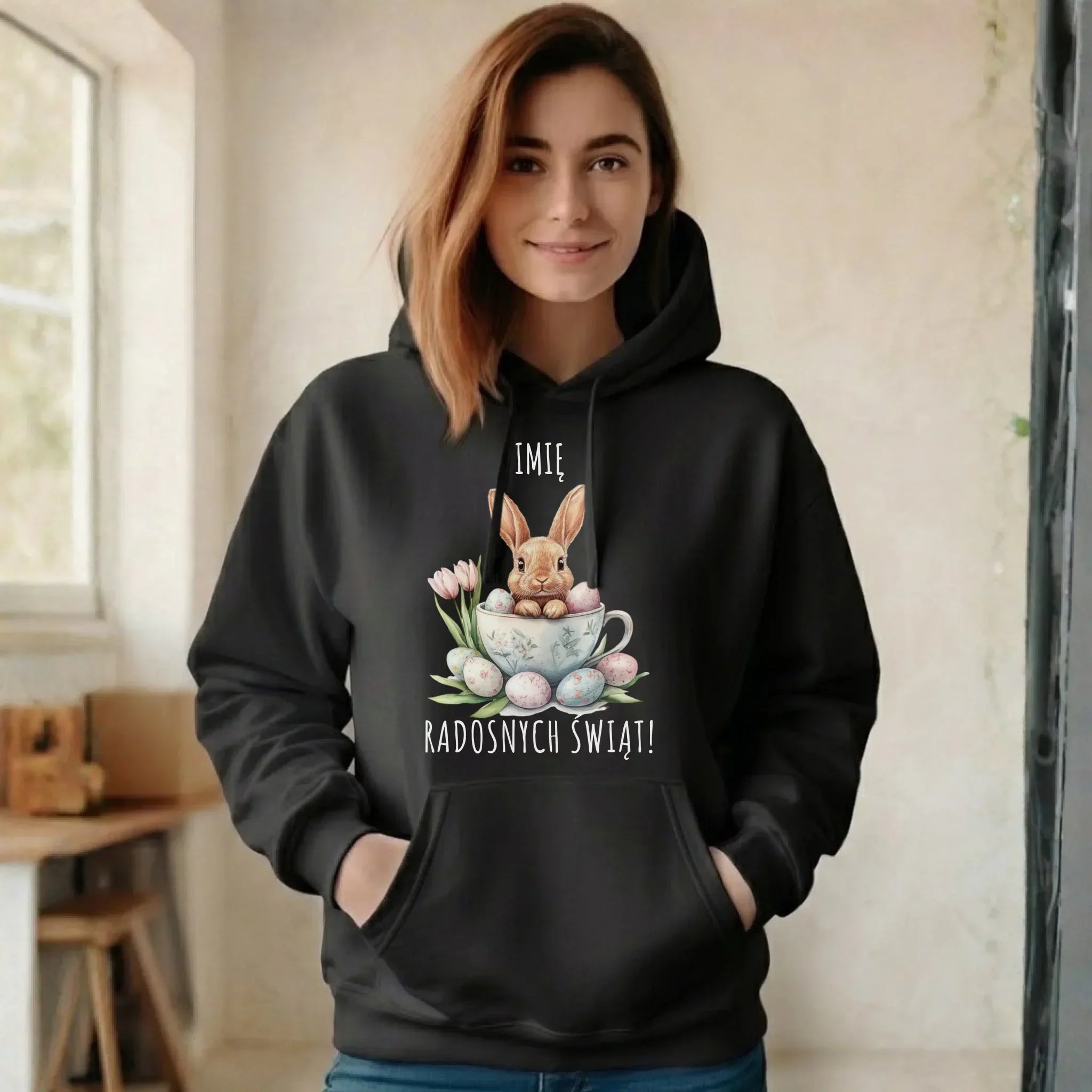 Bluza damska z kapturem na Wielkanoc - Zajączek radosnych świąt - personalizowana WN01 - StoryCups.pl