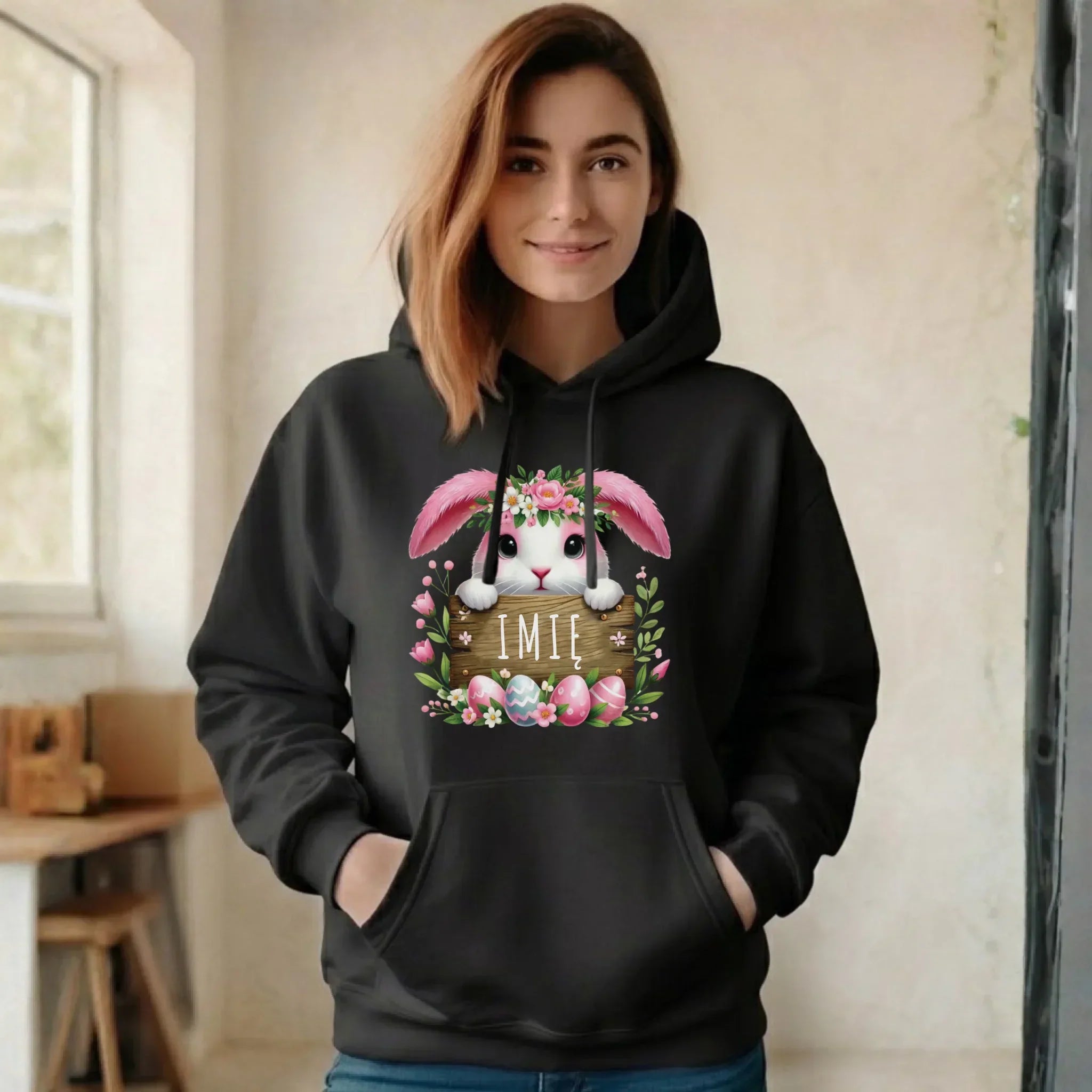 Bluza damska z kapturem na Wielkanoc - Różowy Zajączek - personalizowana WN07 - StoryCups.pl