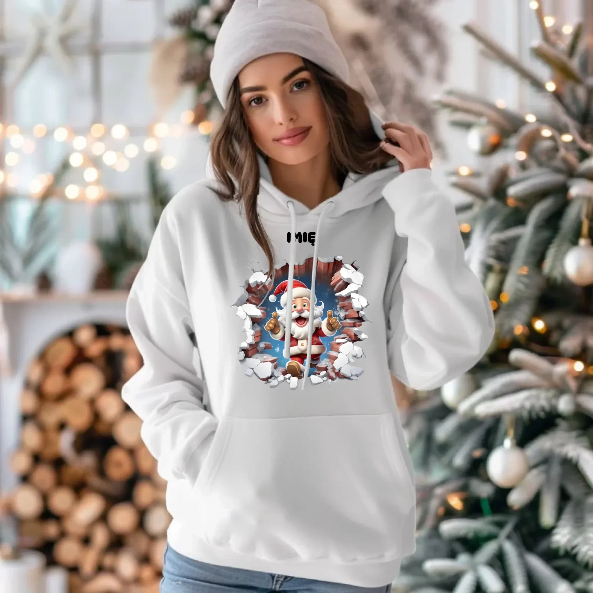Bluza damska z kapturem świąteczna - Mikołaj 3D - personalizowana BN83 - StoryCups.pl