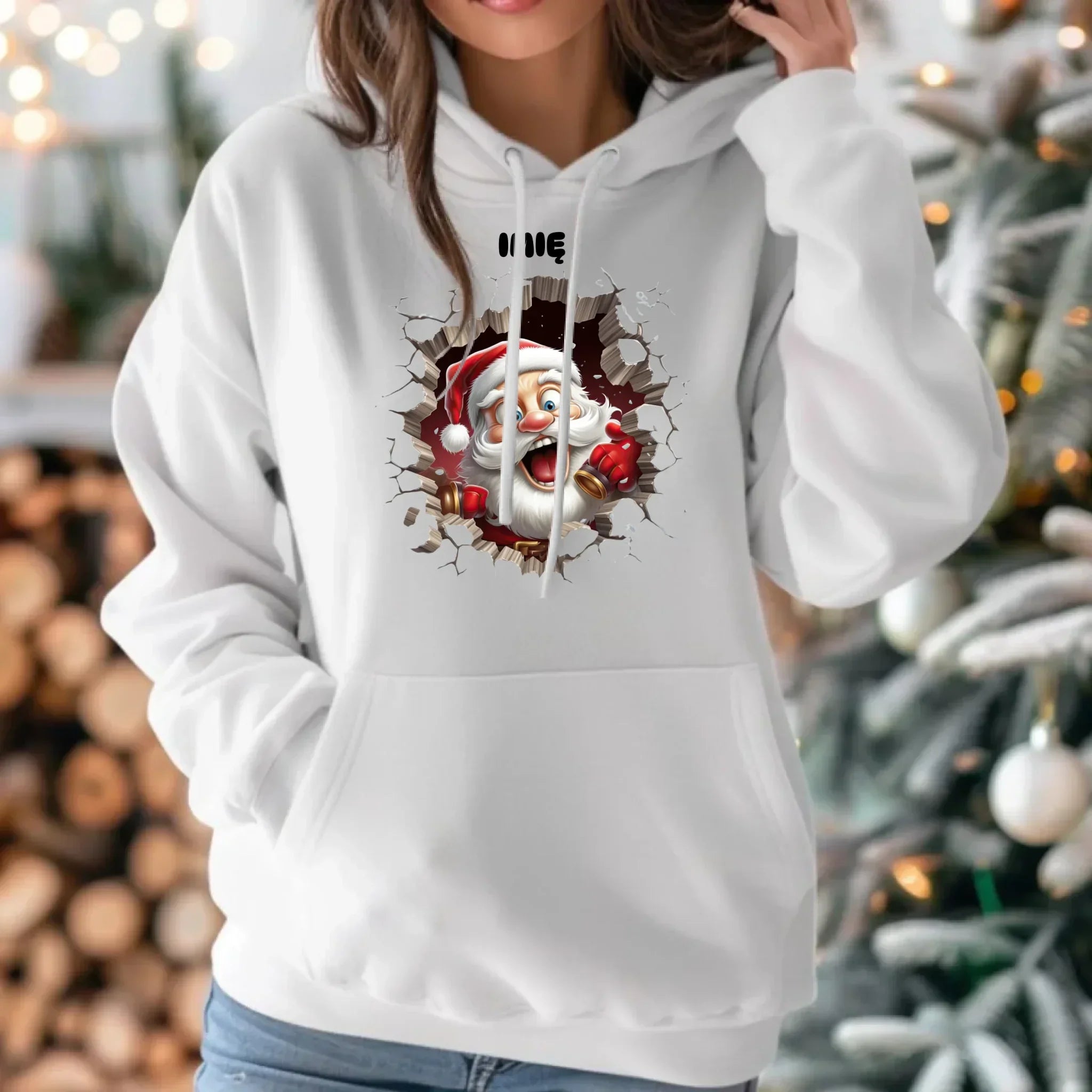 Bluza damska z kapturem świąteczna - Mikołaj 3D - personalizowana BN85 - StoryCups.pl