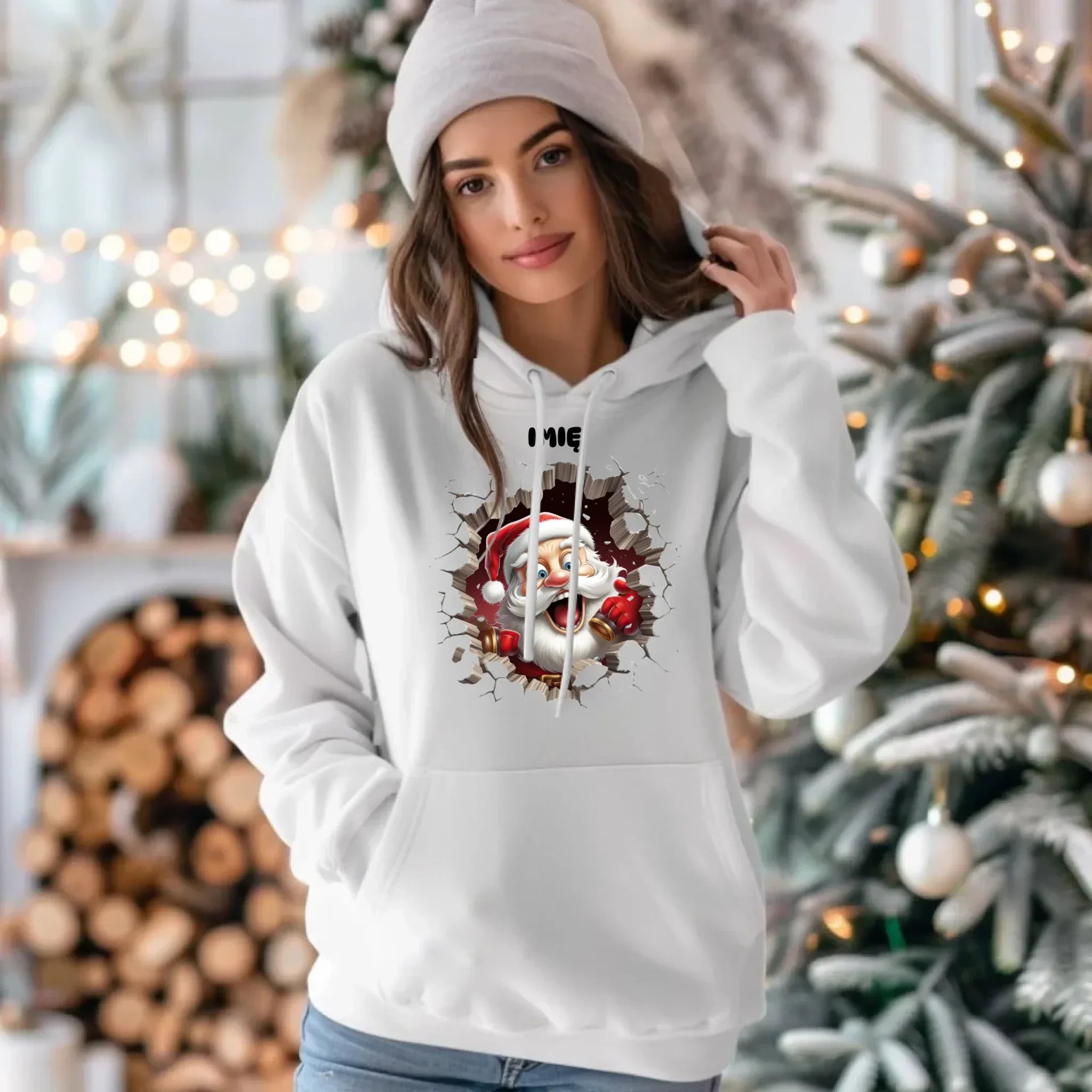 Bluza damska z kapturem świąteczna - Mikołaj 3D - personalizowana BN85 - StoryCups.pl