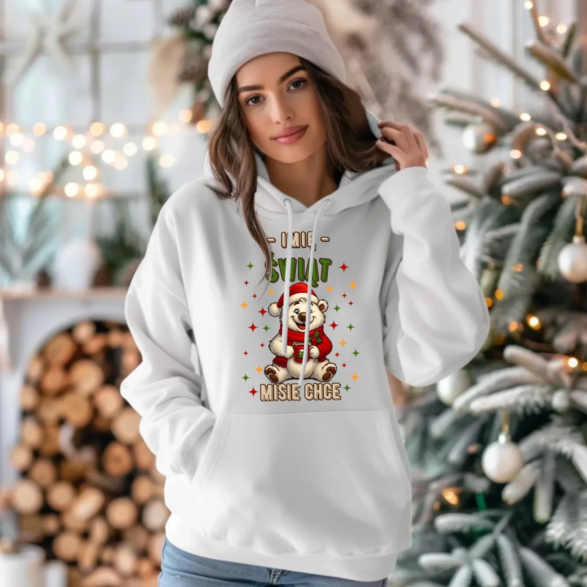 Bluza damska z kapturem świąteczna - Misiek Świąt misie chce - personalizowana BN86 - StoryCups.pl
