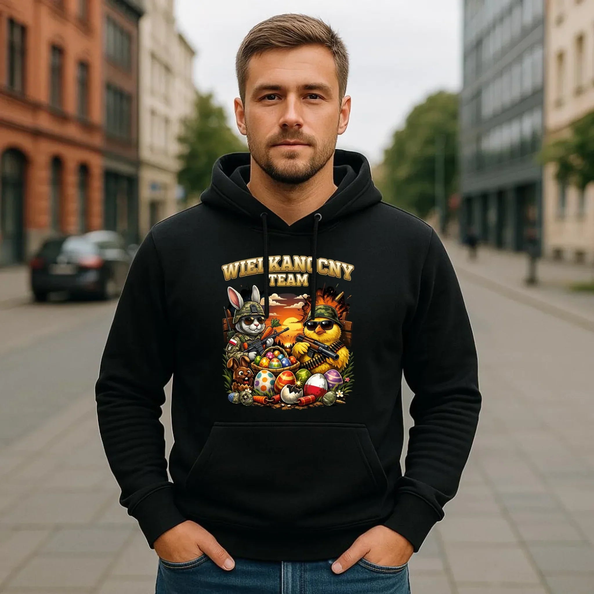 Bluza męska z kapturem na Wielkanoc - Kurczak i zając armia Wielkanocny Team WN37 - StoryCups.pl