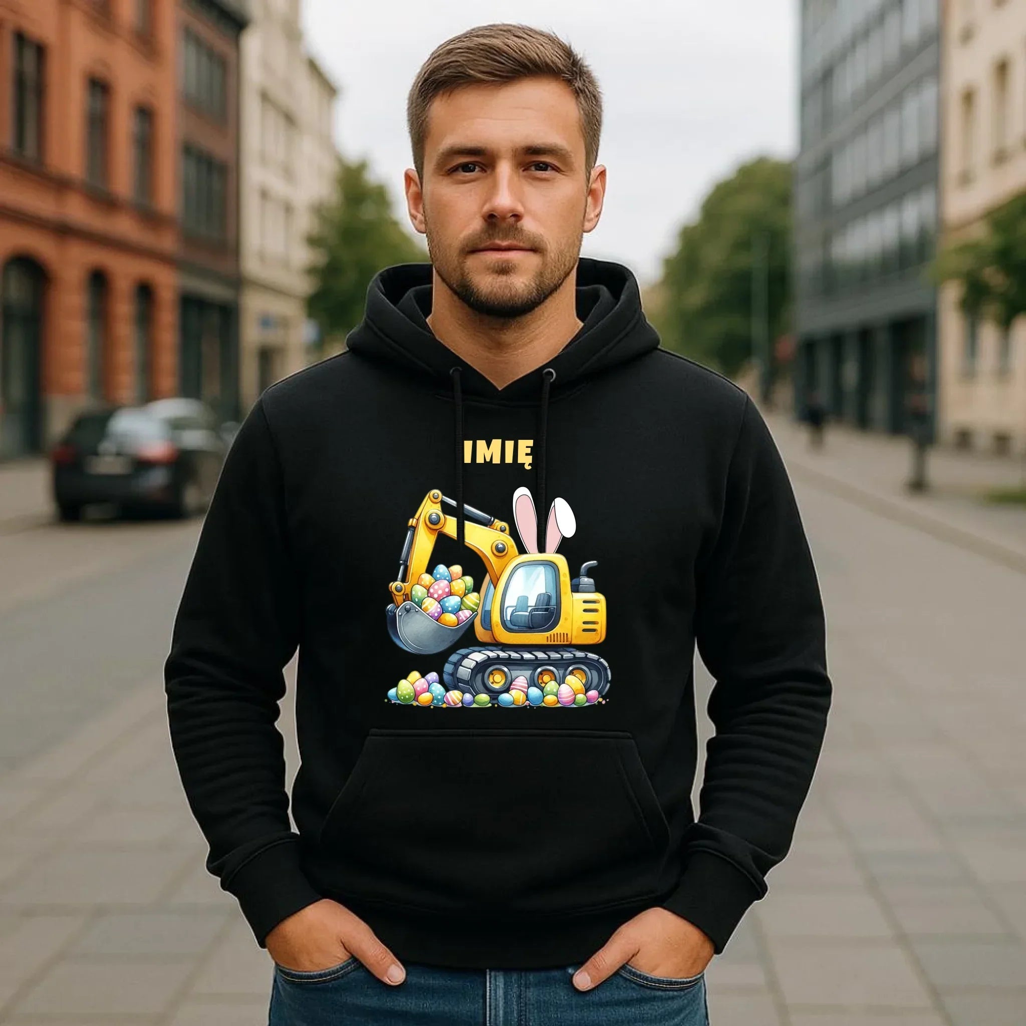 Bluza męska z kapturem na Wielkanoc - Koparka z pisankami - personalizowana WN17 - StoryCups.pl
