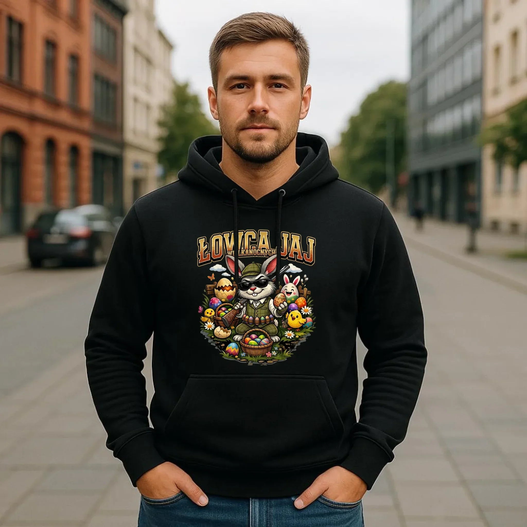 Bluza męska z kapturem wielkanocna - Zając Łowca Jaj WN12 - StoryCups.pl