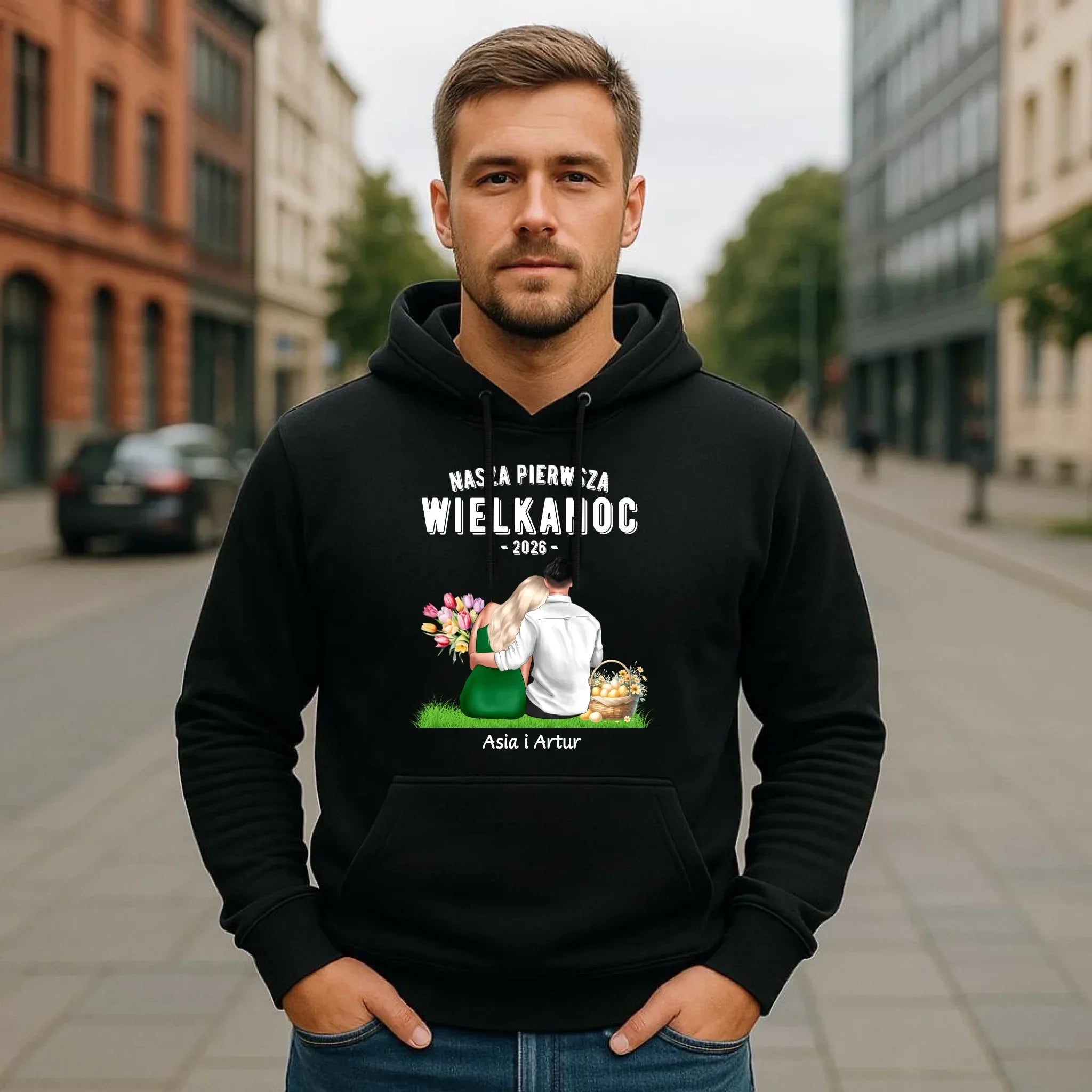 Bluza męska z kapturem wielkanocna dla par - Nasza pierwsza Wielkanoc - personalizowana WN16 - StoryCups.pl