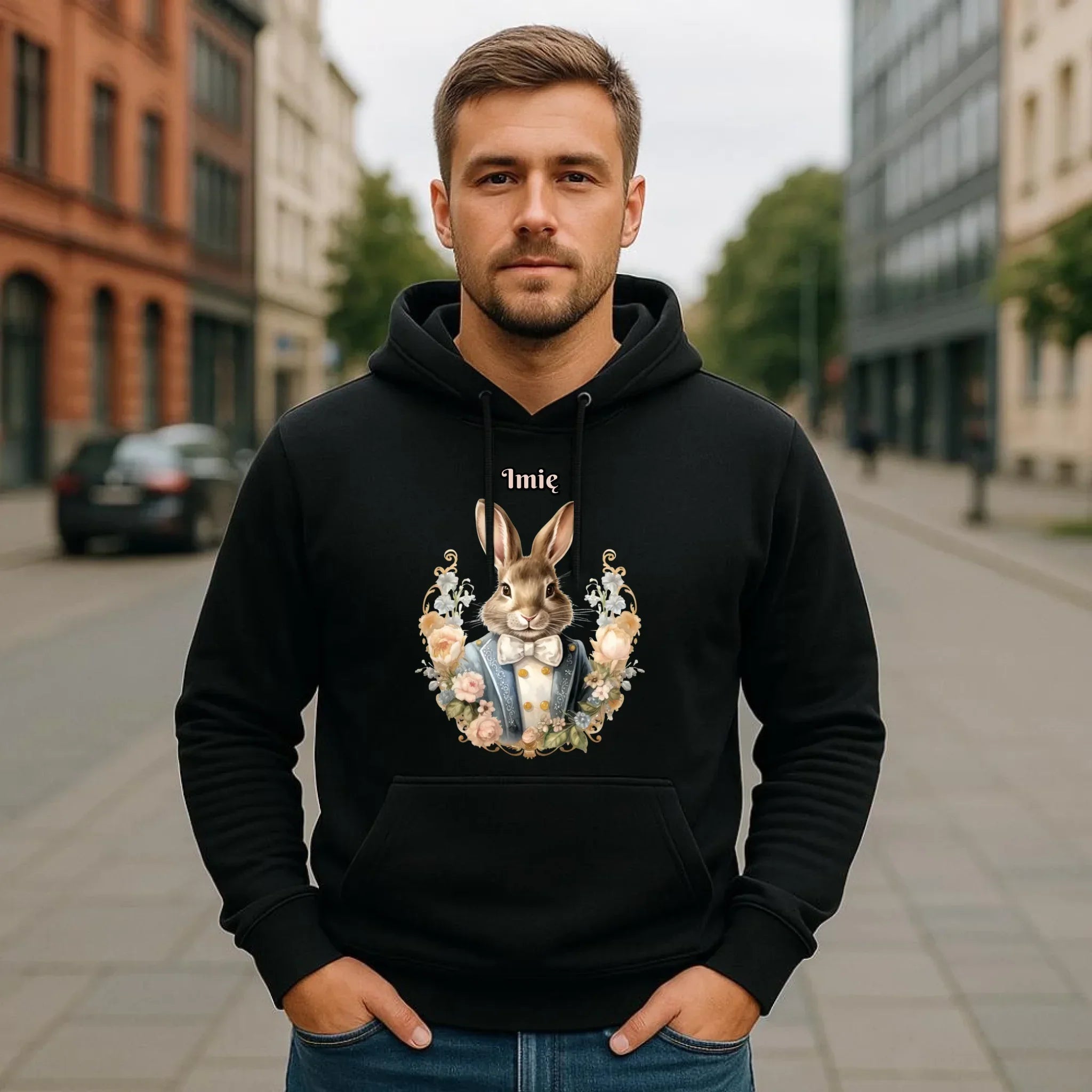 Bluza męska z kapturem na Wielkanoc - Elegancki Pan Zając - personalizowana WN06 - StoryCups.pl