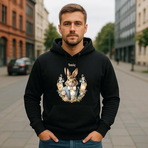 Bluza męska z kapturem na Wielkanoc - Elegancki Pan Zając - personalizowana WN06 - StoryCups.pl