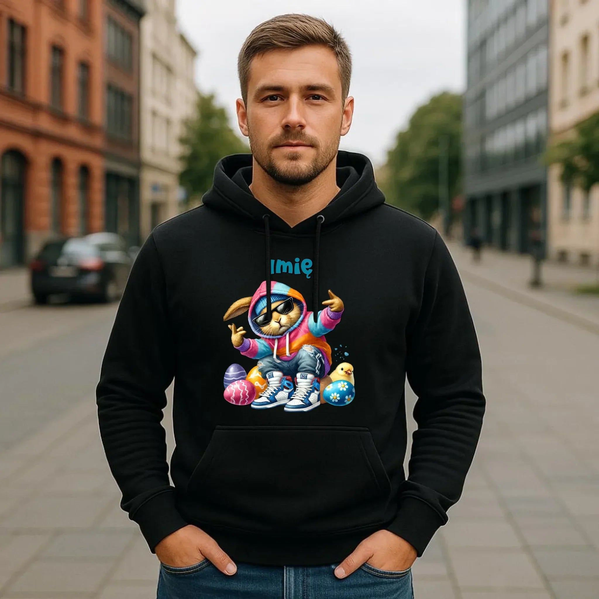 Bluza męska z kapturem na Wielkanoc - Sigma Zając w pisankach - Prezent personalizowany WN04 - StoryCups.pl