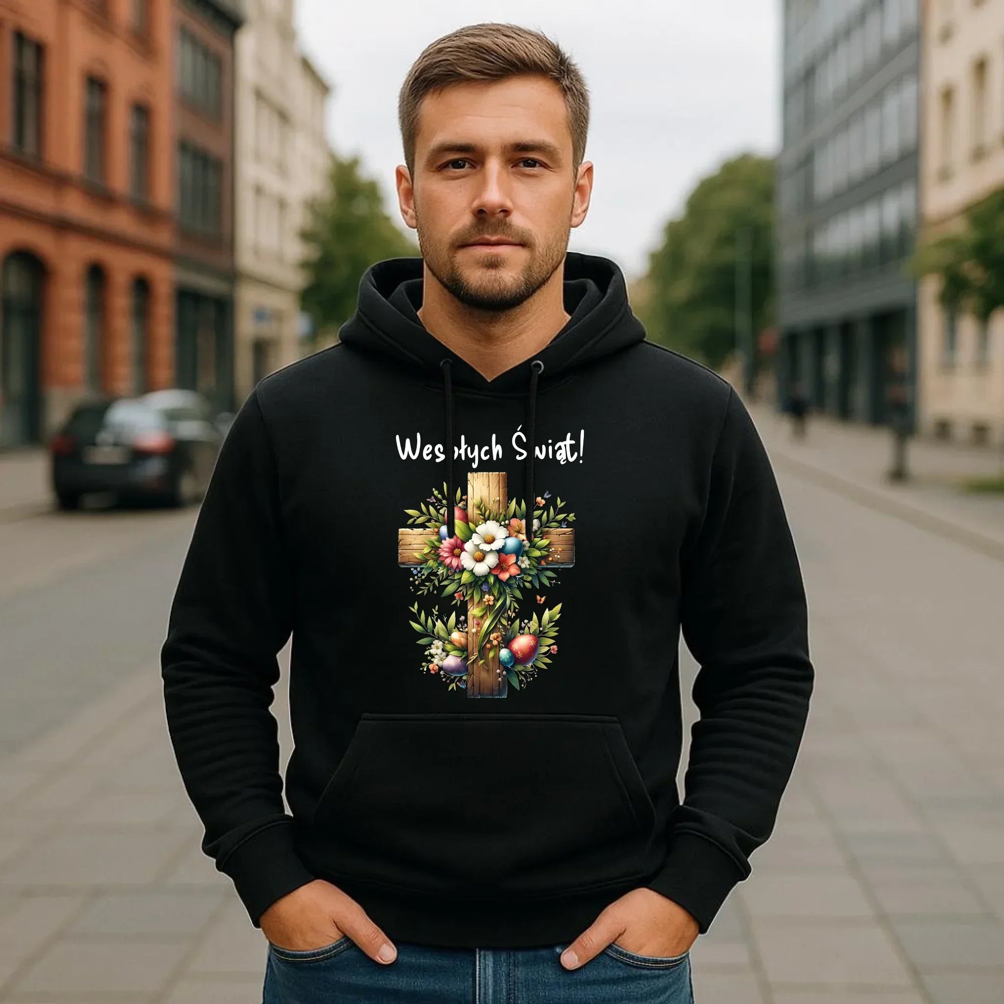 Bluza męska z kapturem na Wielkanoc - Krzyż z kwiatami Wesołych Świąt WN02 - StoryCups.pl
