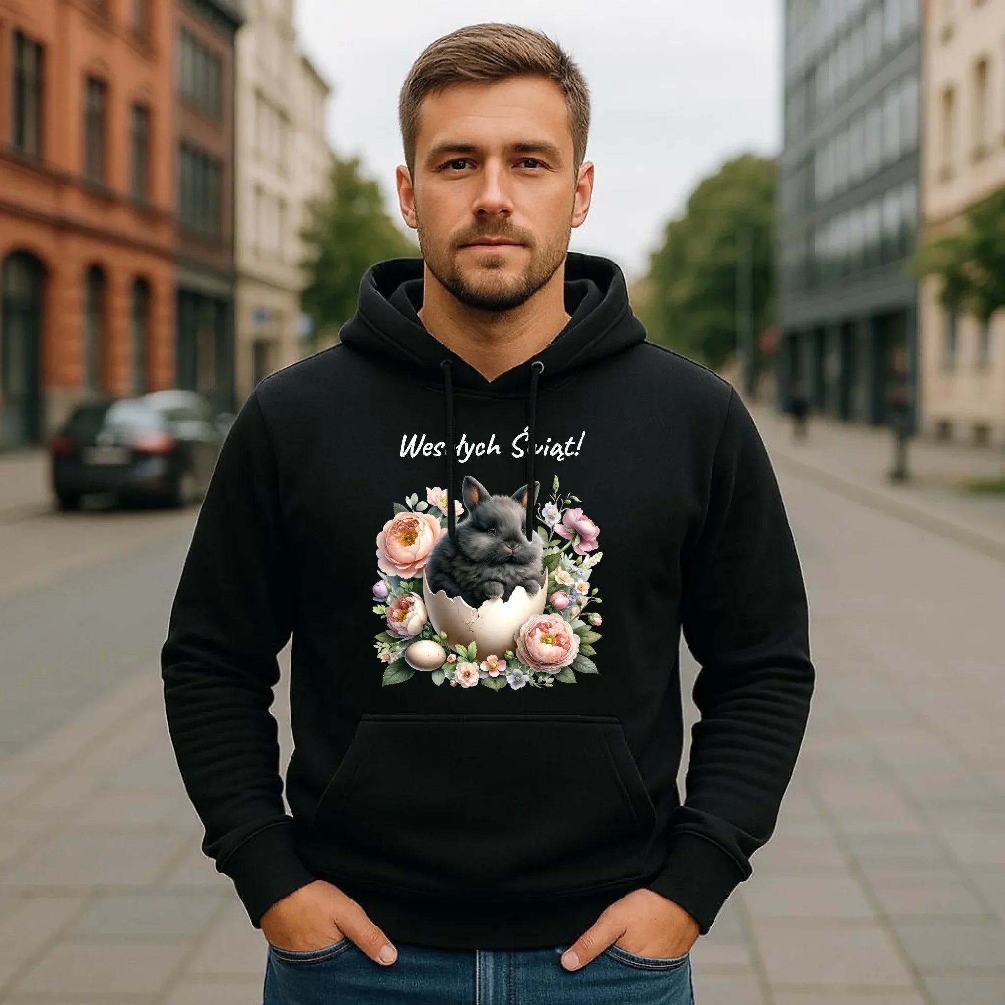Bluza męska z kapturem na Wielkanoc - Zajączek w pisance Wesołych Świąt WN03 - StoryCups.pl