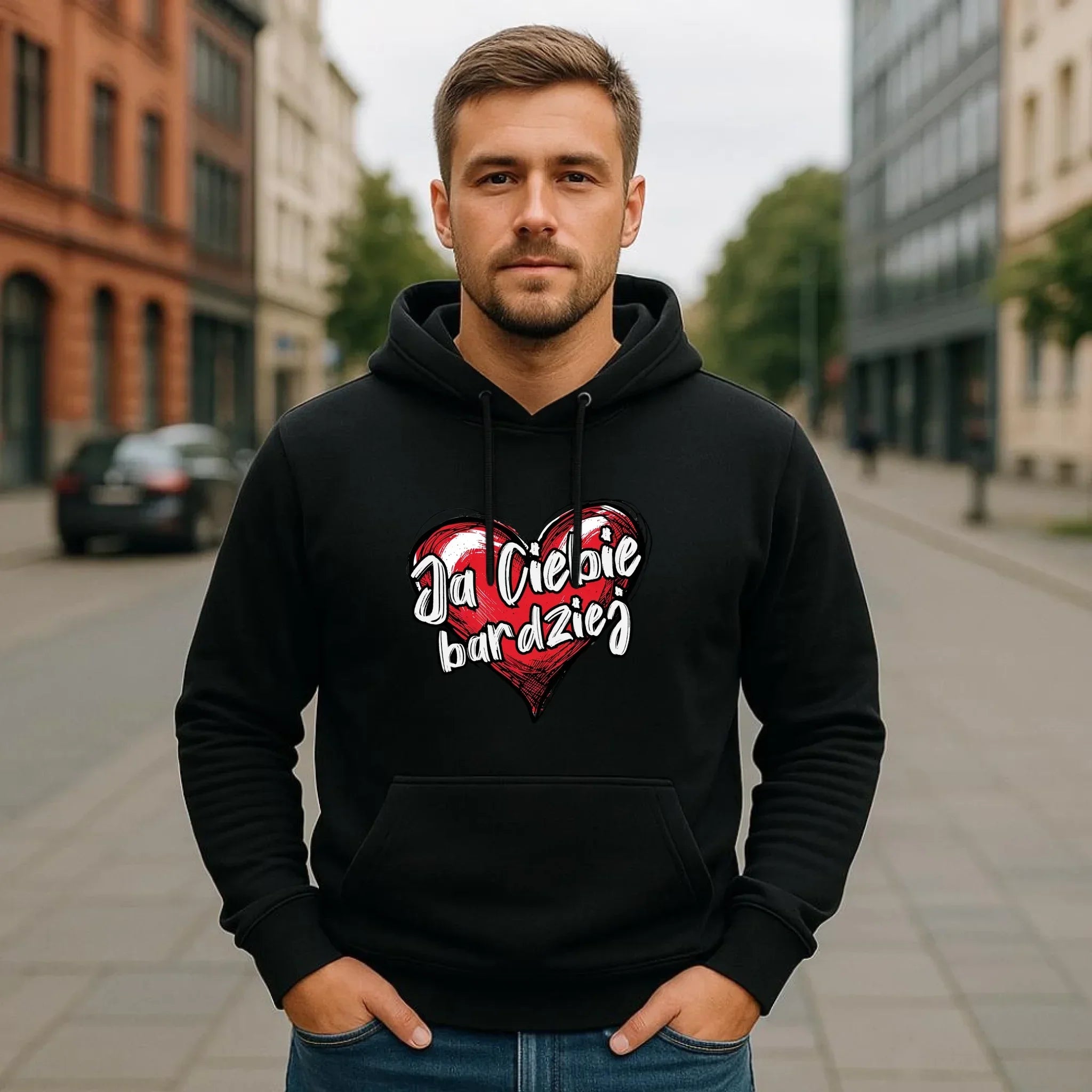 Bluza męska z kapturem - Serce Ja Ciebie bardziej W84 - StoryCups.pl