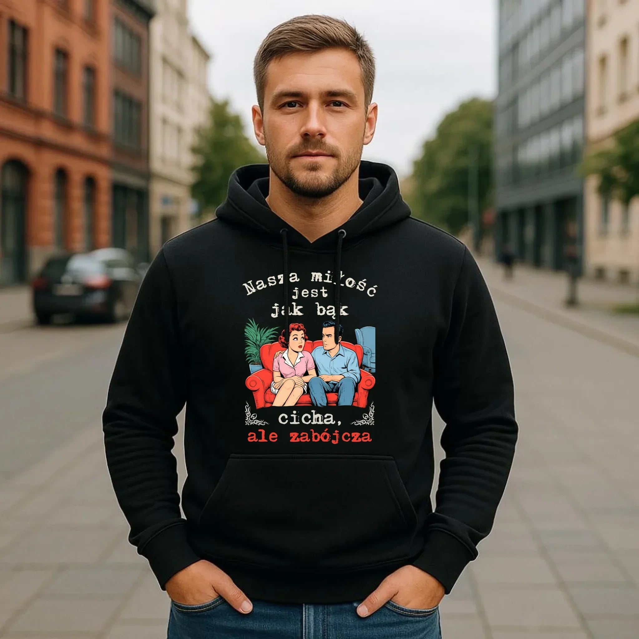 Bluza męska z kapturem - Nasza miłość jest jak bąk W70 - StoryCups.pl