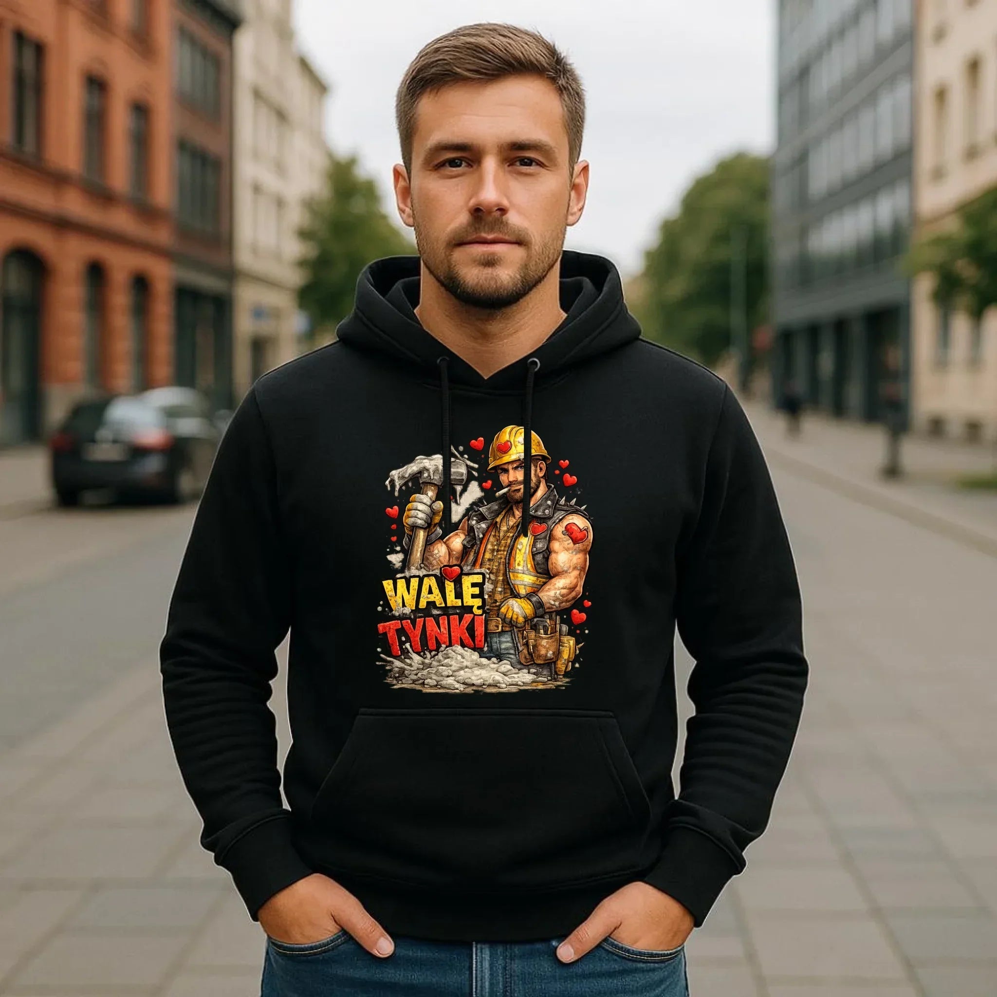 Bluza męska z kapturem na Walentynki - Budowlaniec Walę tynki W64 - StoryCups.pl