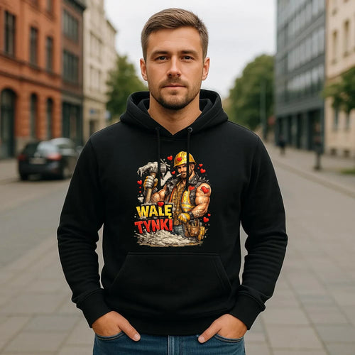 Bluza męska z kapturem na Walentynki - Budowlaniec Walę tynki W64 - StoryCups.pl