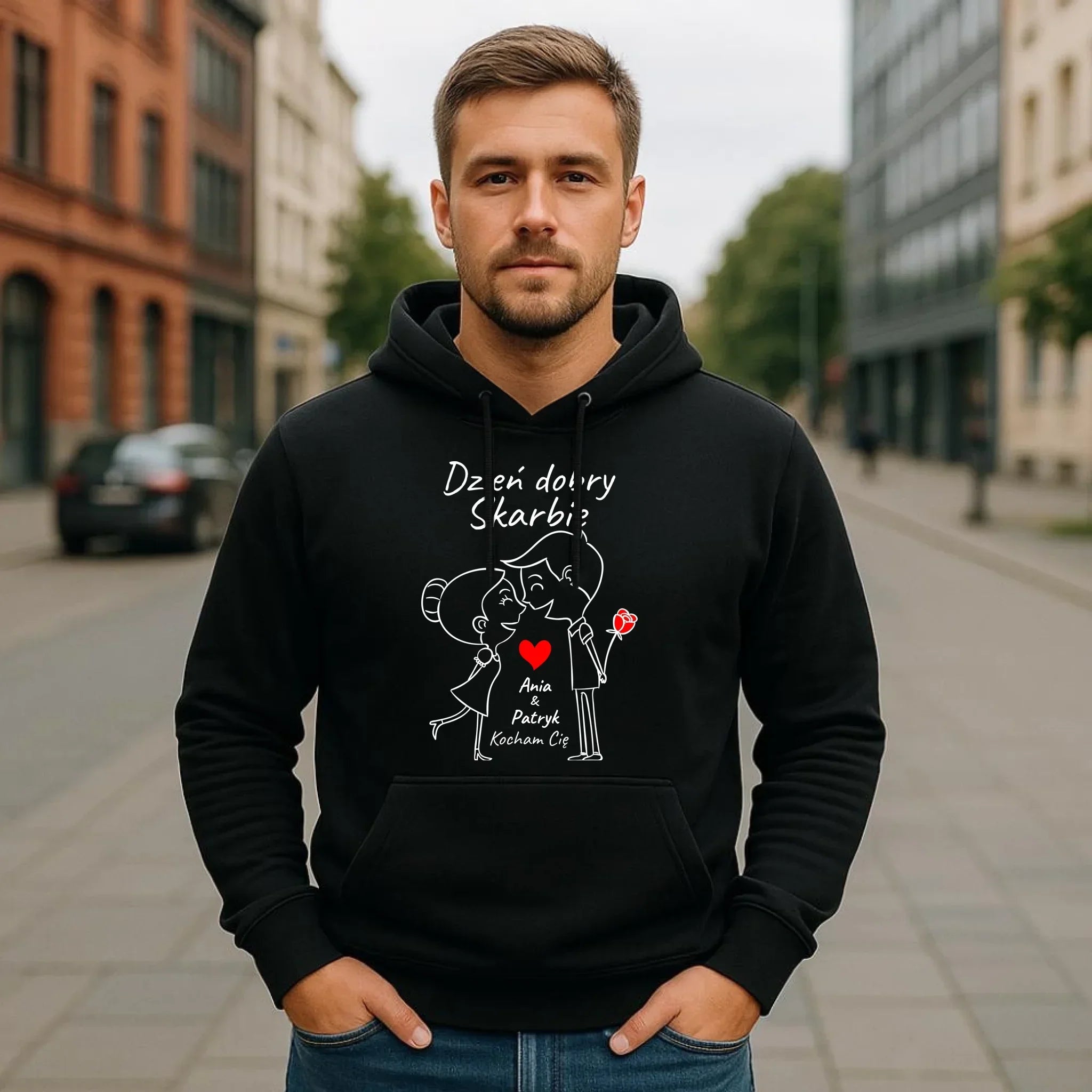 Bluza męska z kapturem dla par - Dzień dobry Skarbie - personalizowana W15 - StoryCups.pl