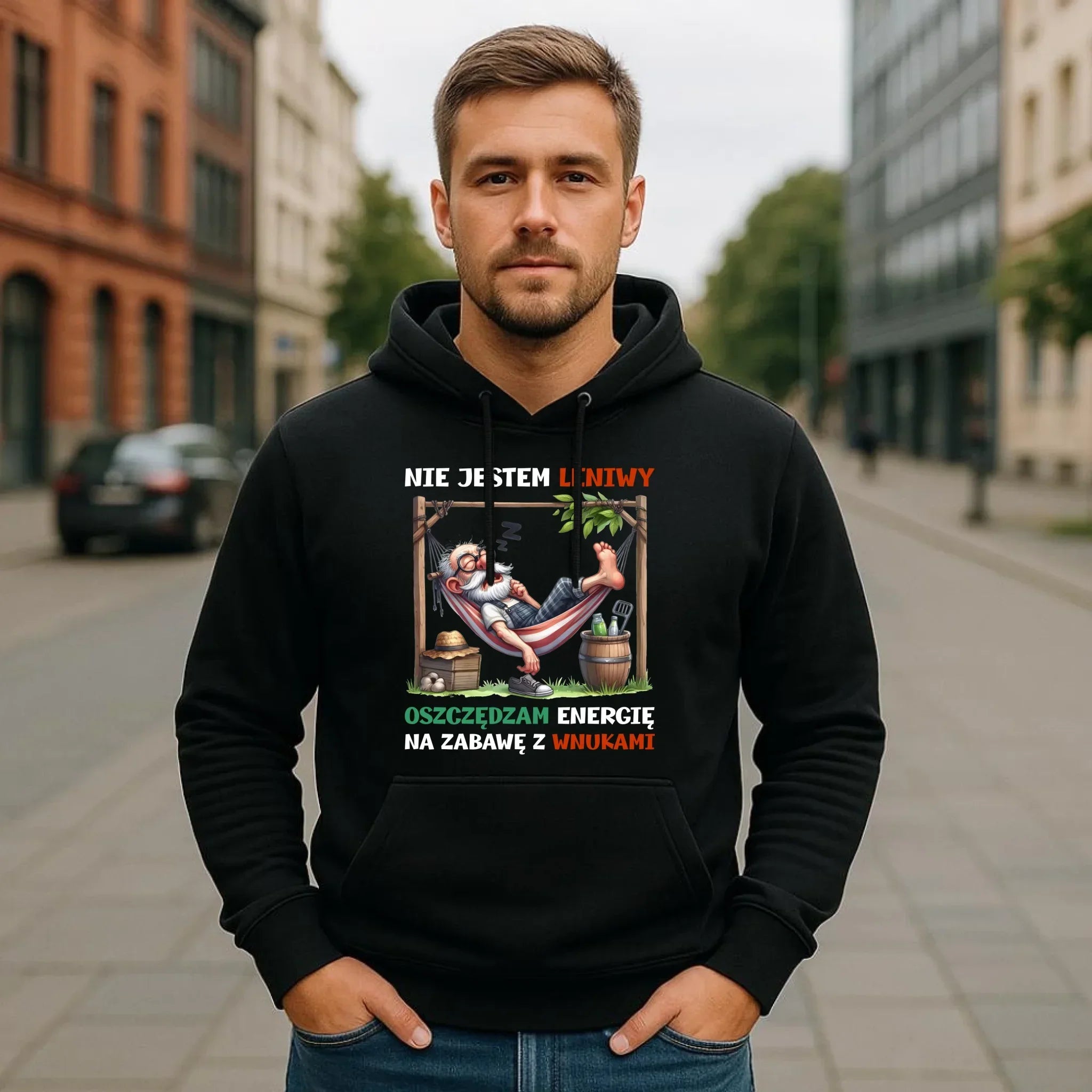 Bluza z kapturem dla dziadka - Nie jestem leniwy oszczędzam energię D39 - StoryCups.pl