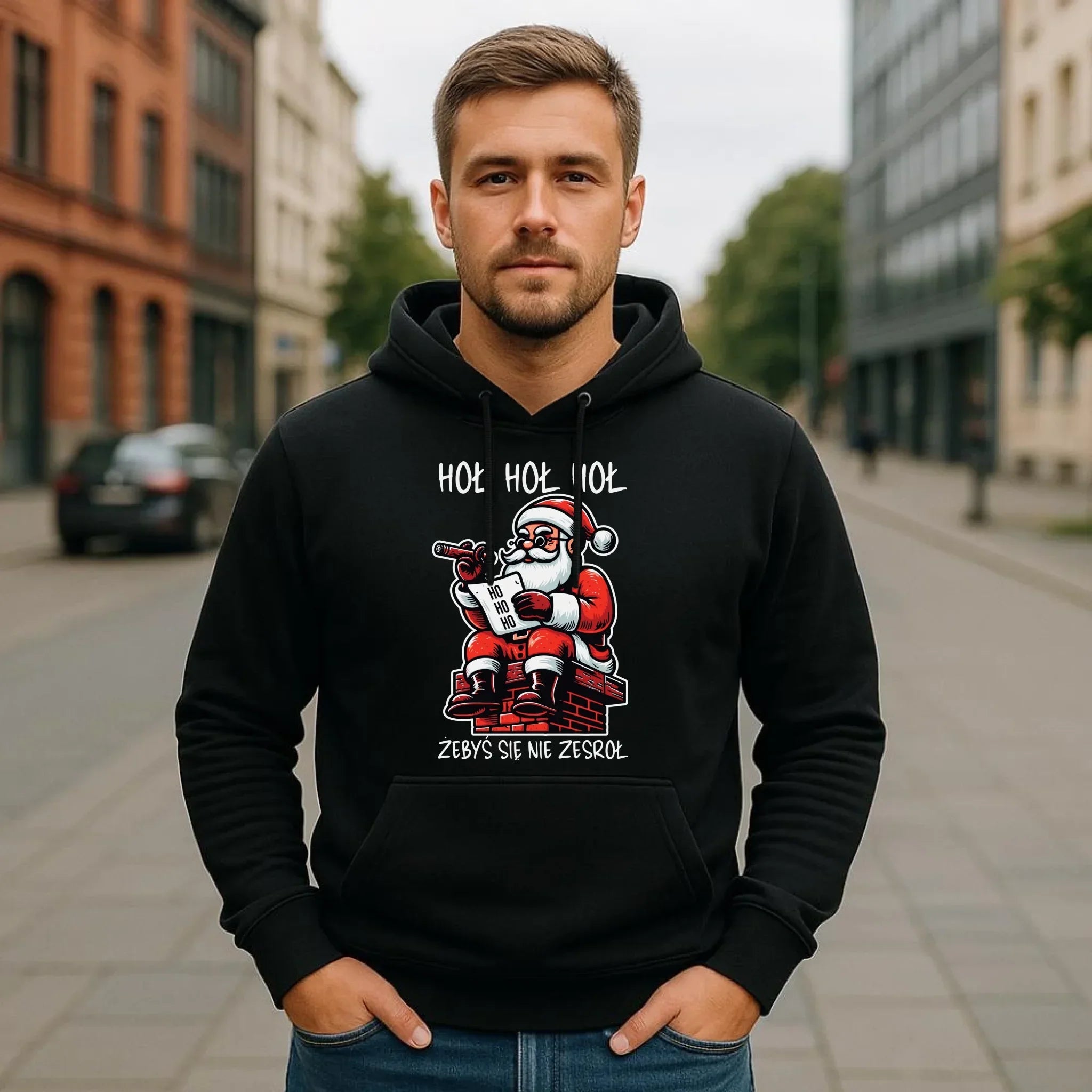 Bluza męska z kapturem świąteczna - Śmieszny prezent na Mikołaja - Hoł hoł hoł żebyś się nie zesroł BN156 - StoryCups.pl