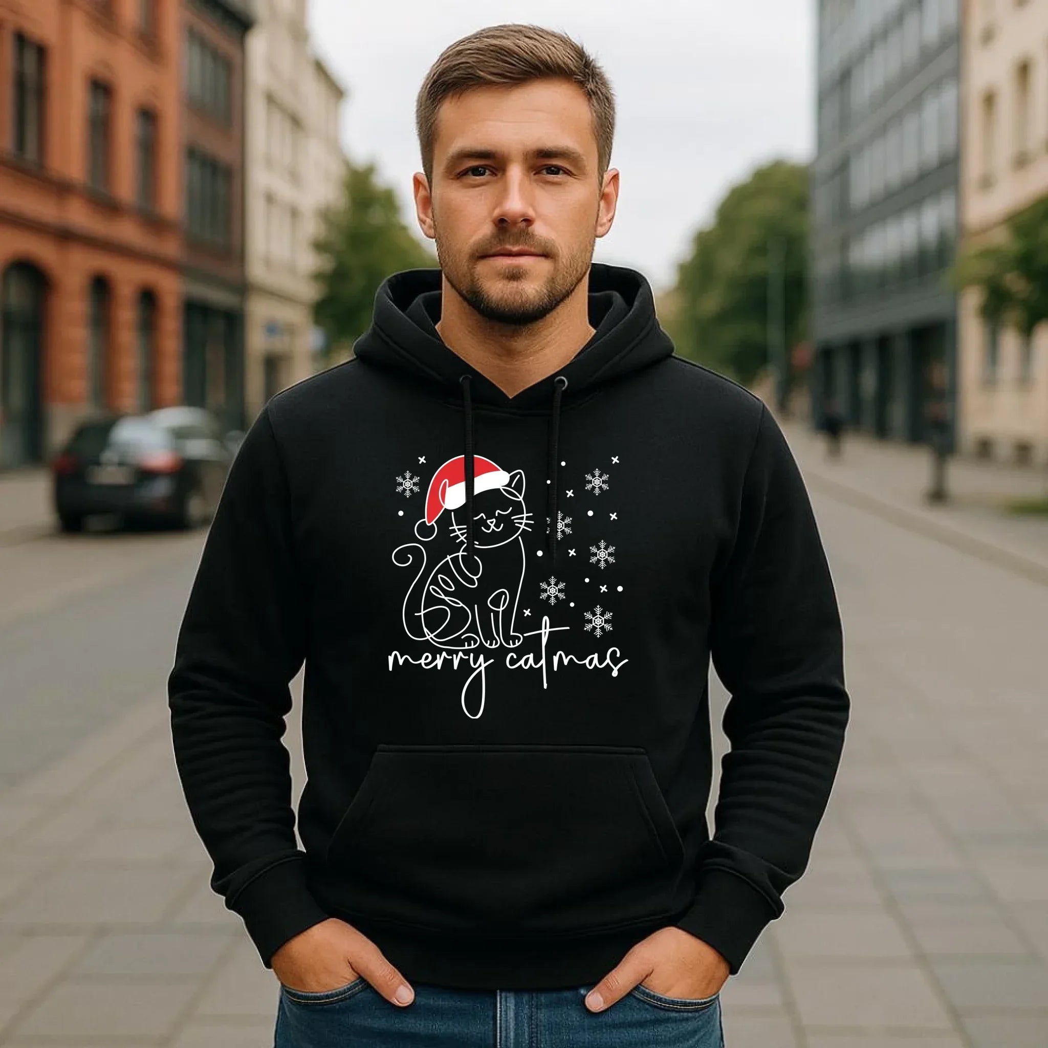 Bluza męska z kapturem świąteczna - Kot Merry catmas BN151 - StoryCups.pl