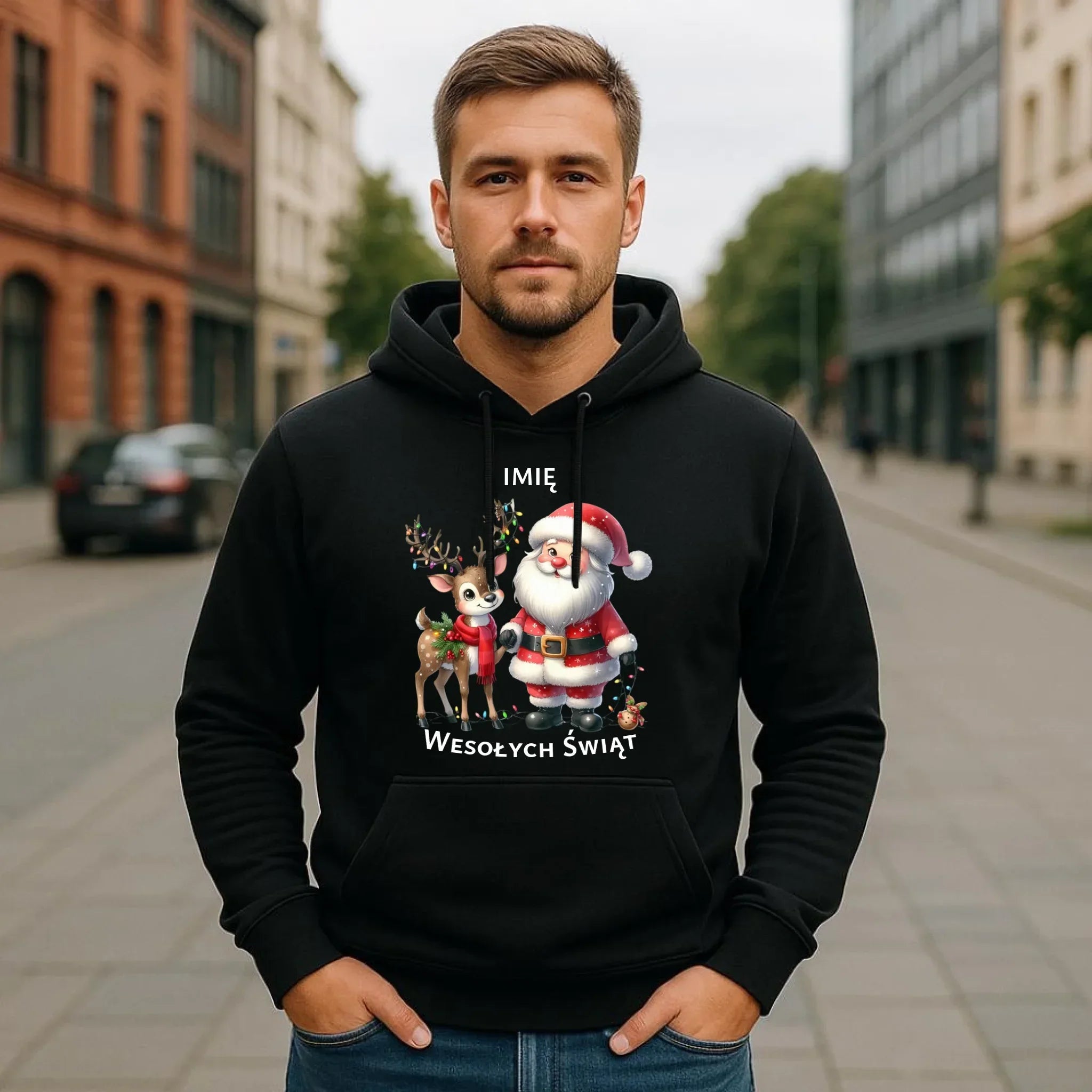 Bluza męska z kapturem świąteczna - Mikołaj z reniferem - personalizowana BN09 - StoryCups.pl