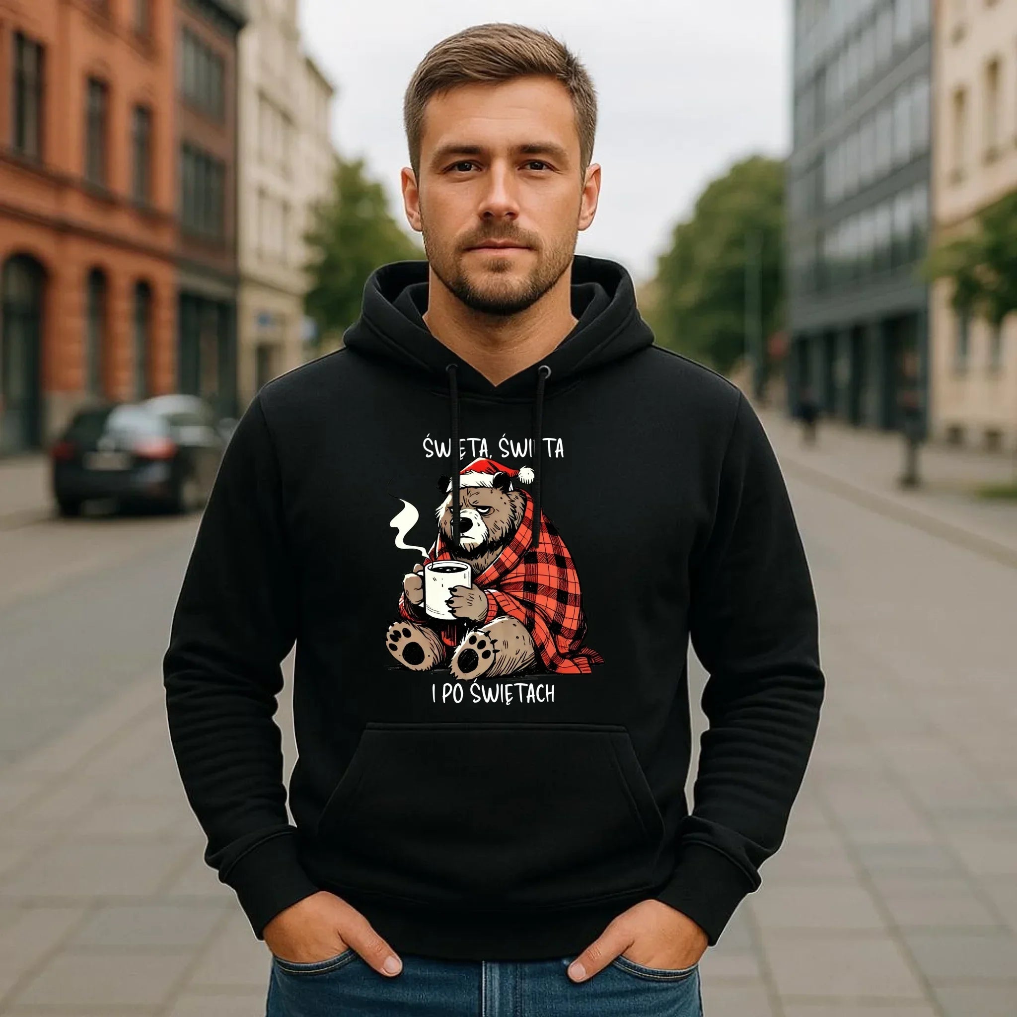 Bluza męska z kapturem świąteczna - Miś Święta, święta i po świętach BN16 - StoryCups.pl
