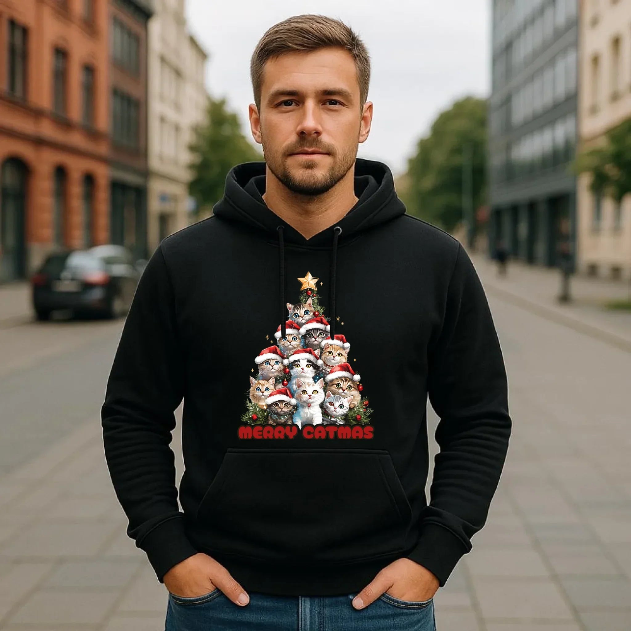 Bluza męska z kapturem świąteczna - Kocia choinka Merry Catmas BN20 - StoryCups.pl