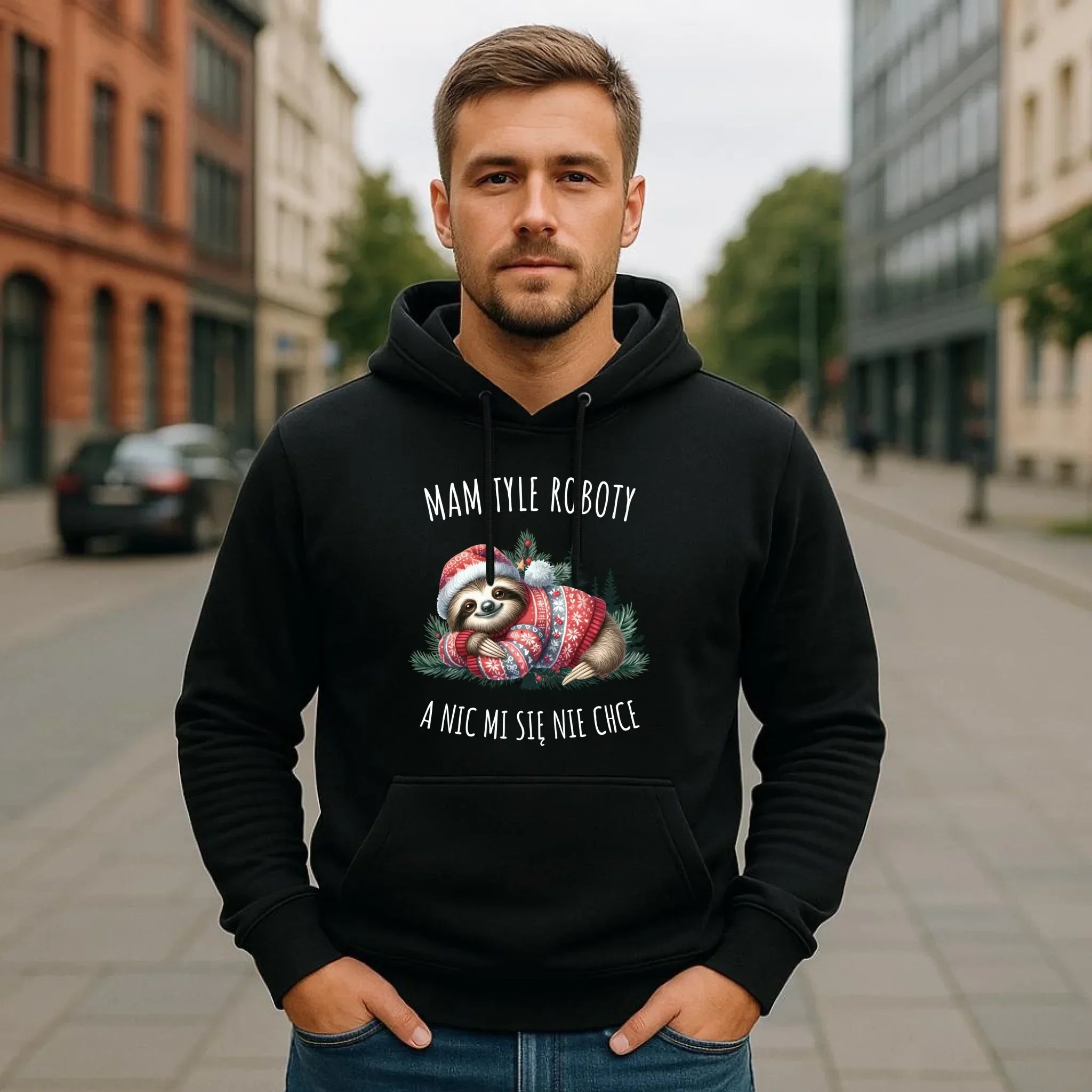 Bluza męska z kapturem świąteczna - Leniwiec Mam tyle roboty, a nic mi się nie chce BN18 - StoryCups.pl