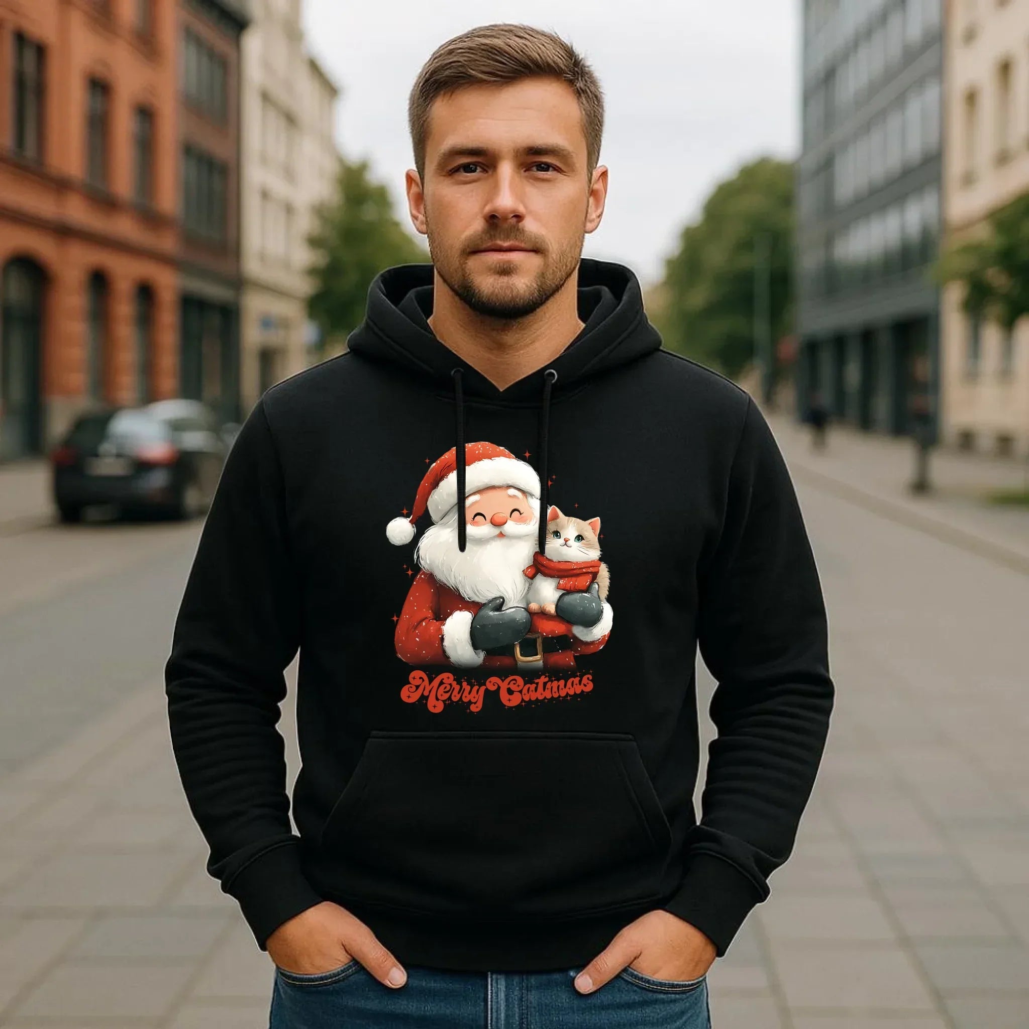 Bluza męska z kapturem świąteczna - Z kotem Merry Catmas BN38 - StoryCups.pl