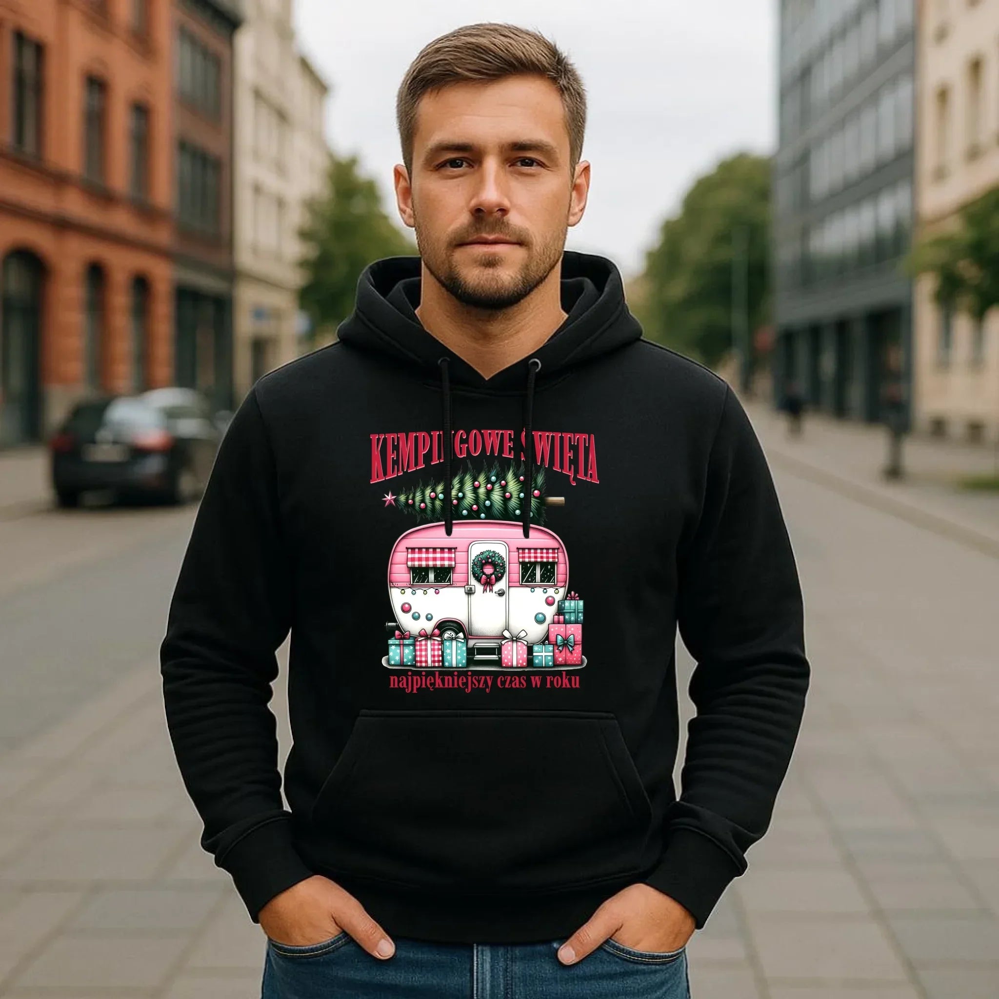 Bluza męska z kapturem świąteczna - Kamper Kempingowe Święta BN40 - StoryCups.pl