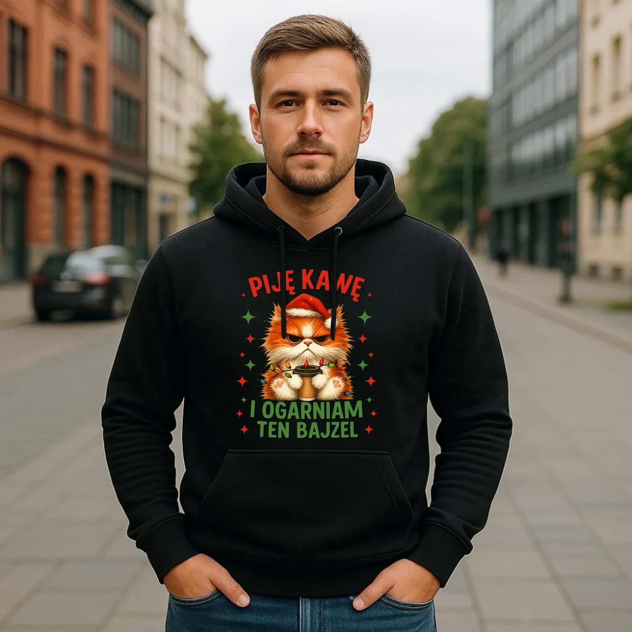 Bluza męska z kapturem świąteczna - Kot Piję kawę i ogarniam ten bajzel BN39 - StoryCups.pl