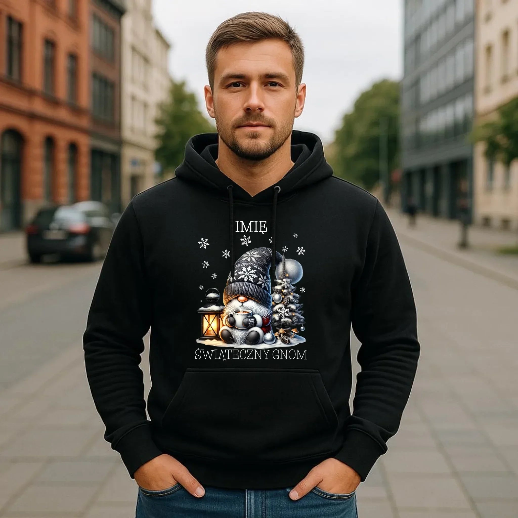 Bluza męska z kapturem świąteczna - Gnom z czekoladą - personalizowana BN41 - StoryCups.pl