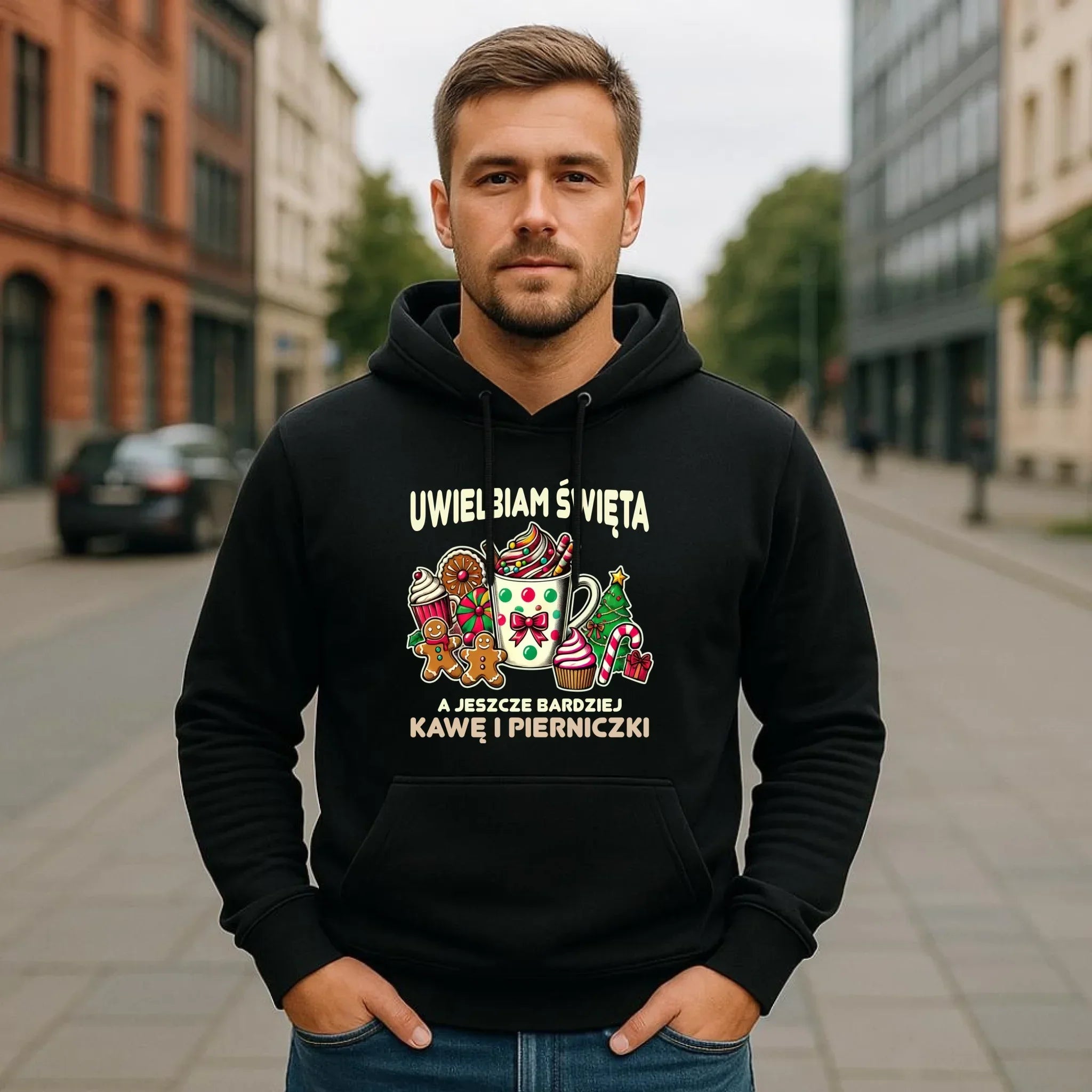Bluza męska z kapturem świąteczna - Uwielbiam święta kawę i pierniczki BN47 - StoryCups.pl
