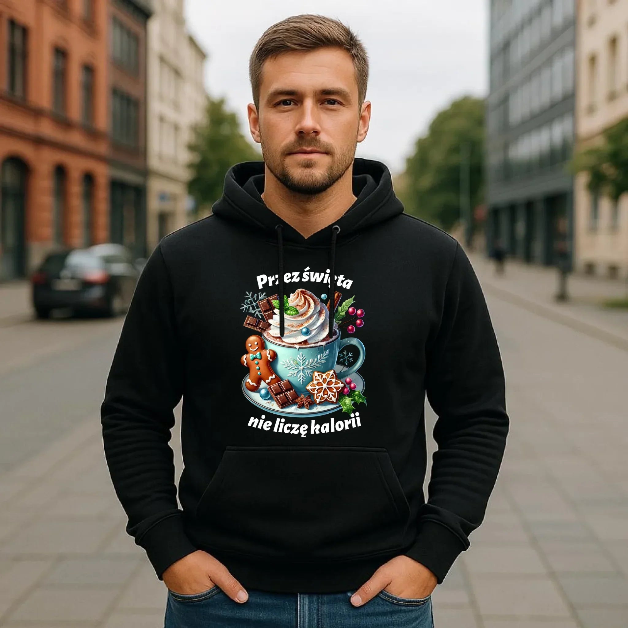 Bluza męska z kapturem świąteczna - Przez święta nie liczę kalorii BN31 - StoryCups.pl