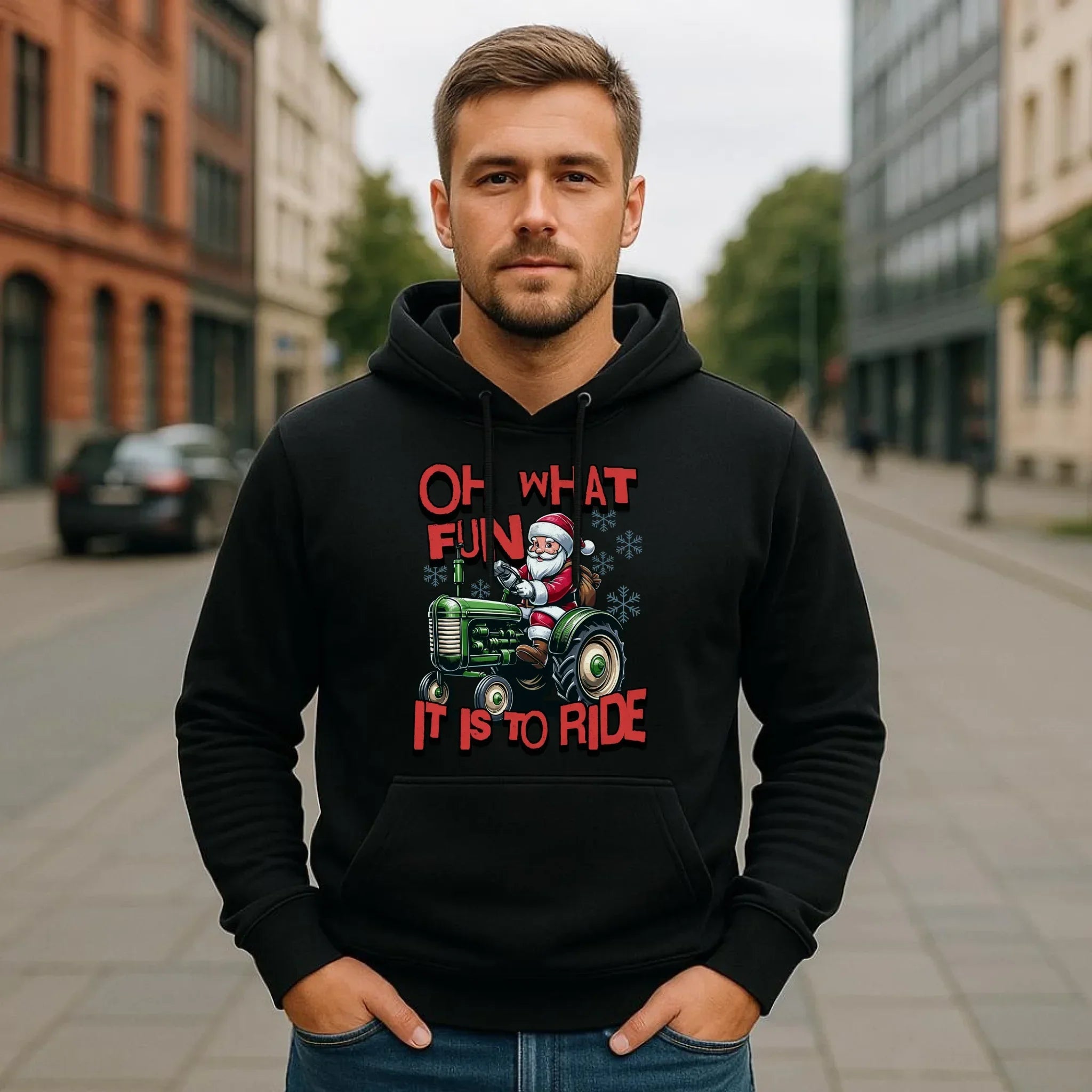 Bluza męska z kapturem świąteczna - Mikołaj na traktorze - Oh what fun BN48 - StoryCups.pl