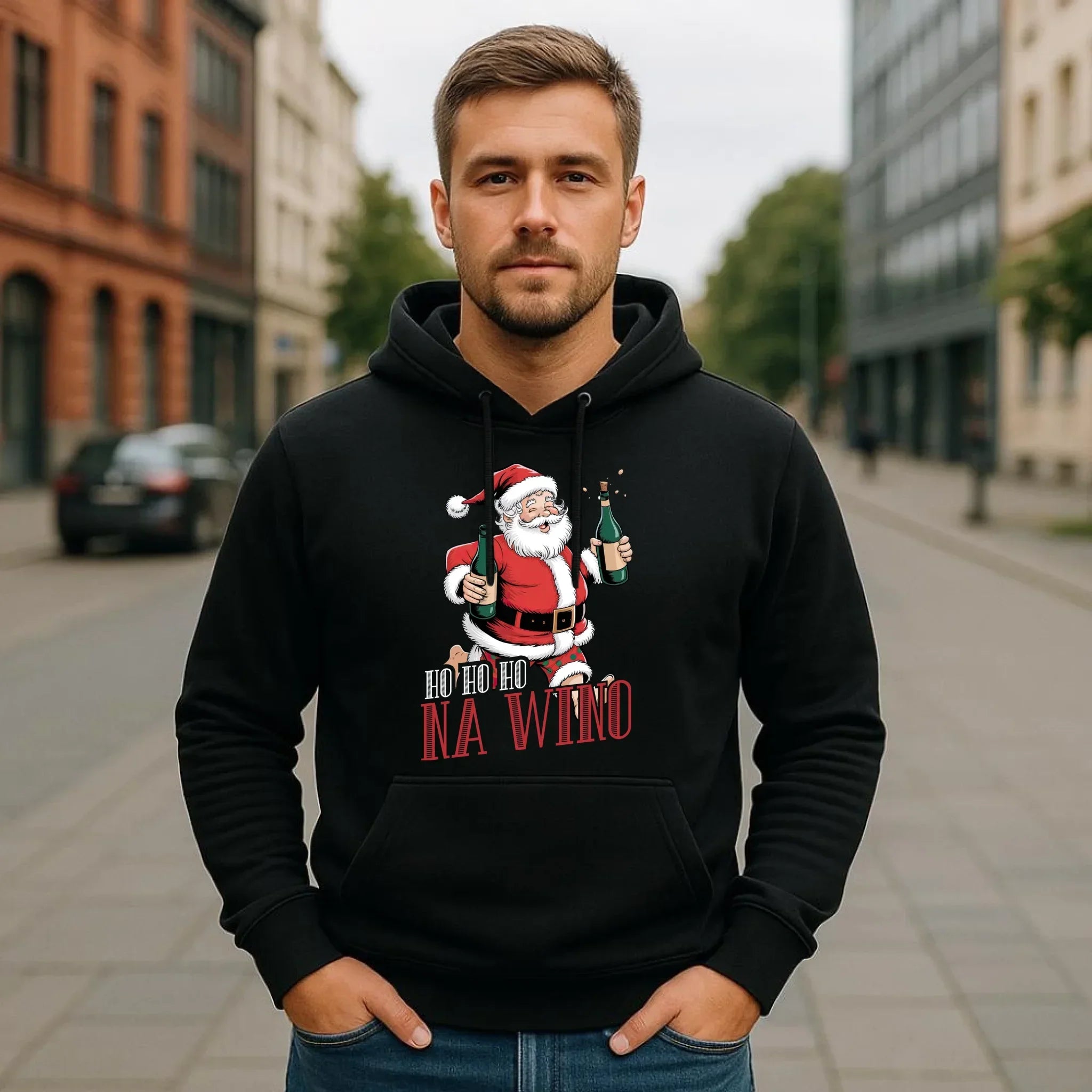 Bluza męska z kapturem świąteczna - Mikołaj Ho ho ho na wino BN61 - StoryCups.pl