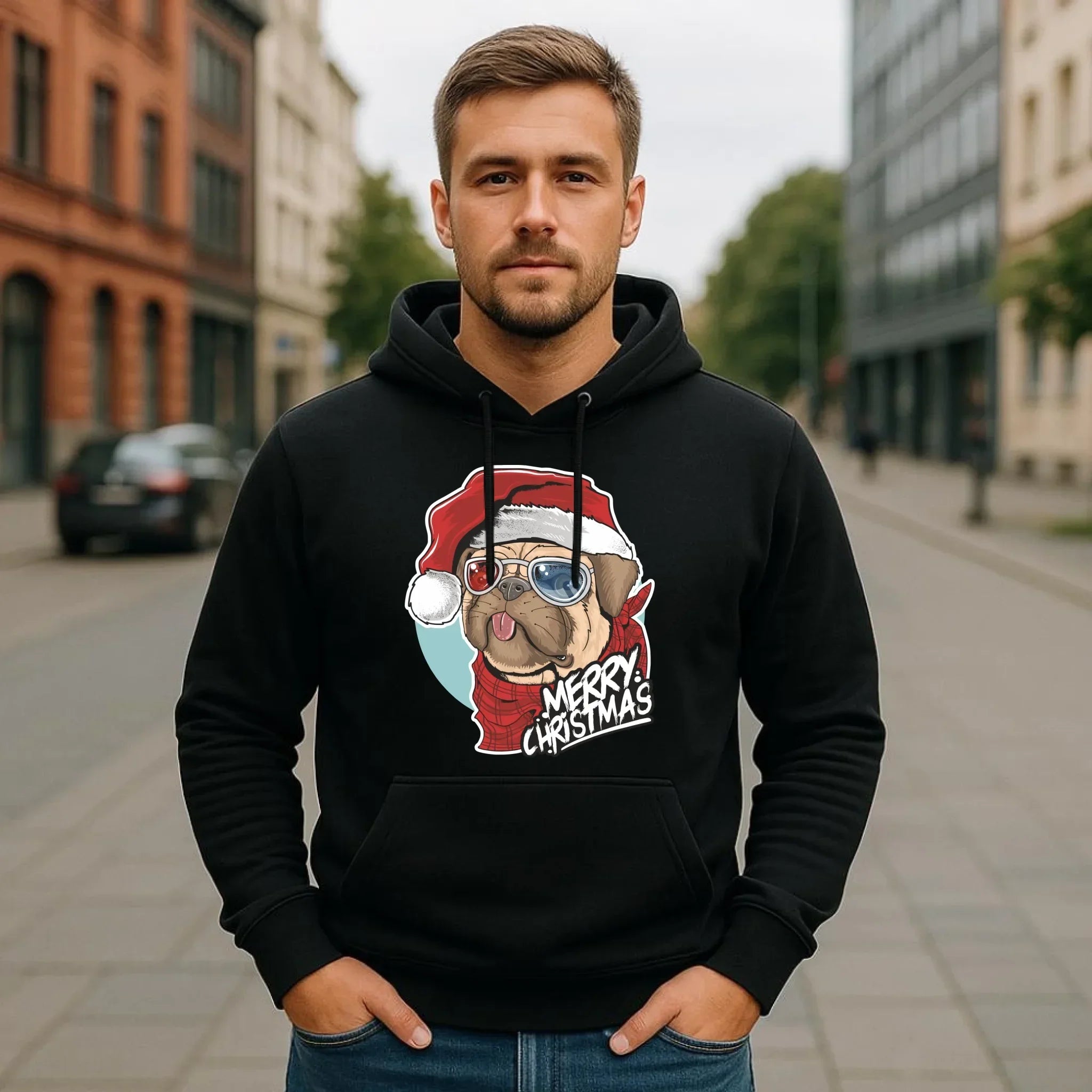 Bluza męska z kapturem świąteczna - Mops Merry Christmas BN62 - StoryCups.pl