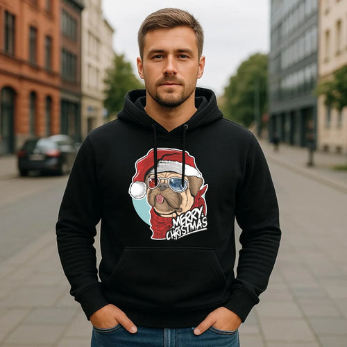 Bluza męska z kapturem świąteczna - Mops Merry Christmas BN62 - StoryCups.pl