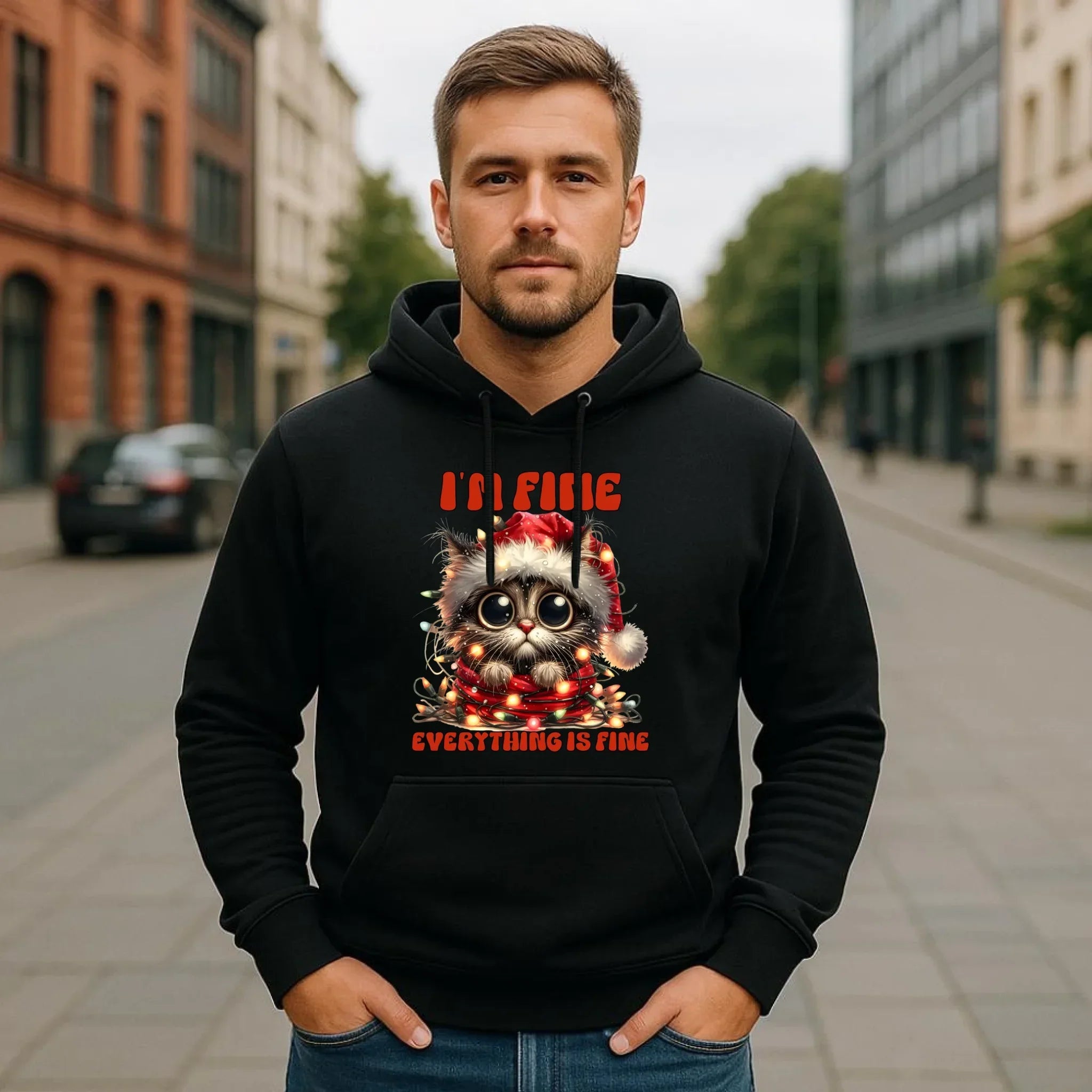 Bluza męska z kapturem świąteczna - Kotek I'm fine everything is fine BN67 - StoryCups.pl
