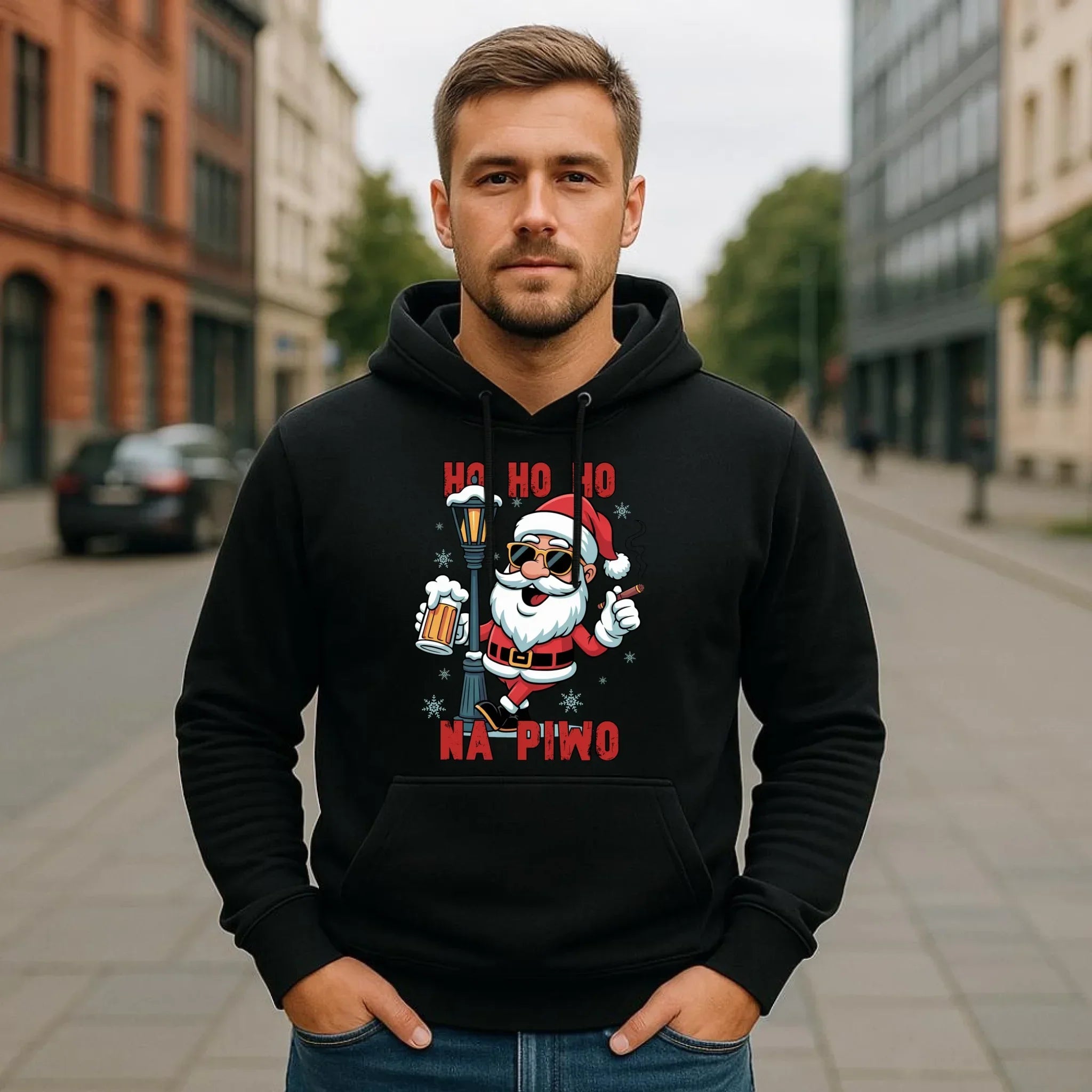 Bluza męska z kapturem świąteczna - Mikołaj Ho ho ho na piwo BN64 - StoryCups.pl