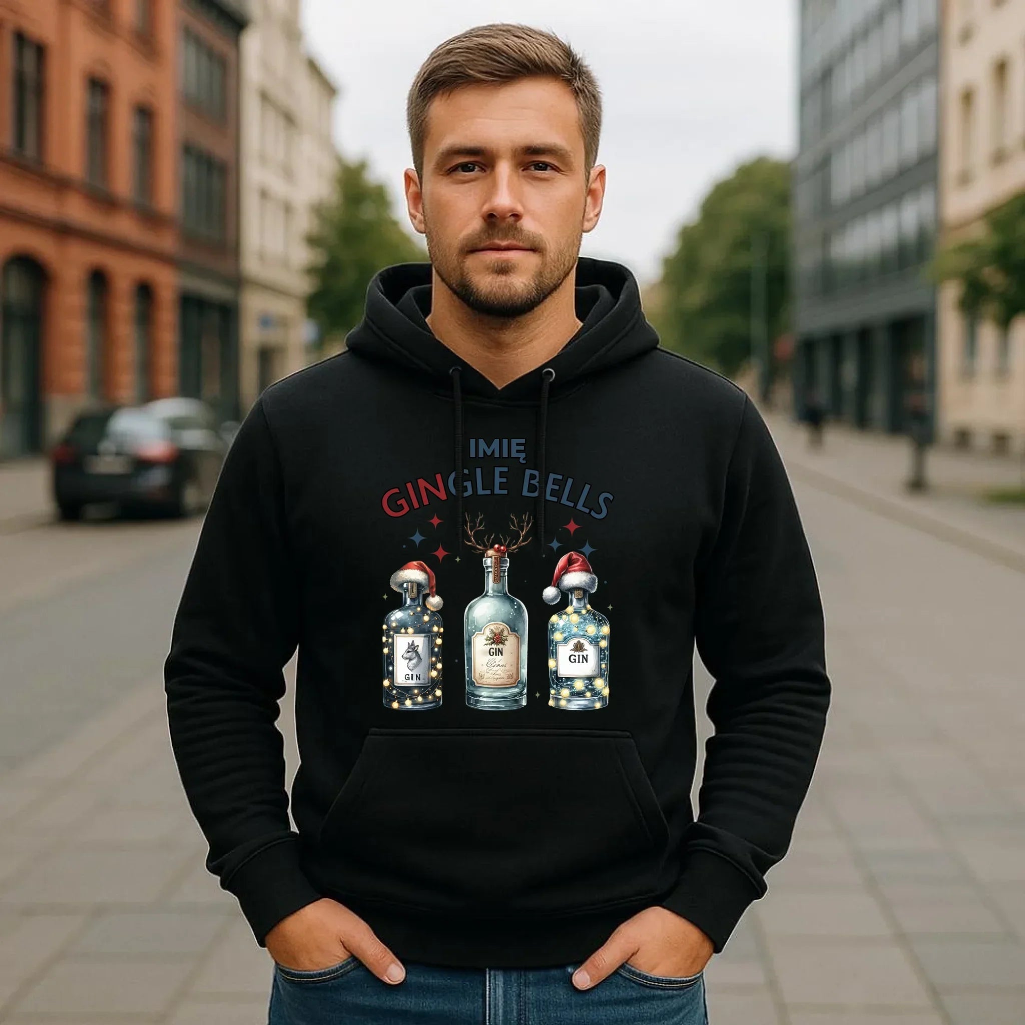 Bluza męska z kapturem świąteczna - Gin Gingle bells - personalizowana BN68 - StoryCups.pl