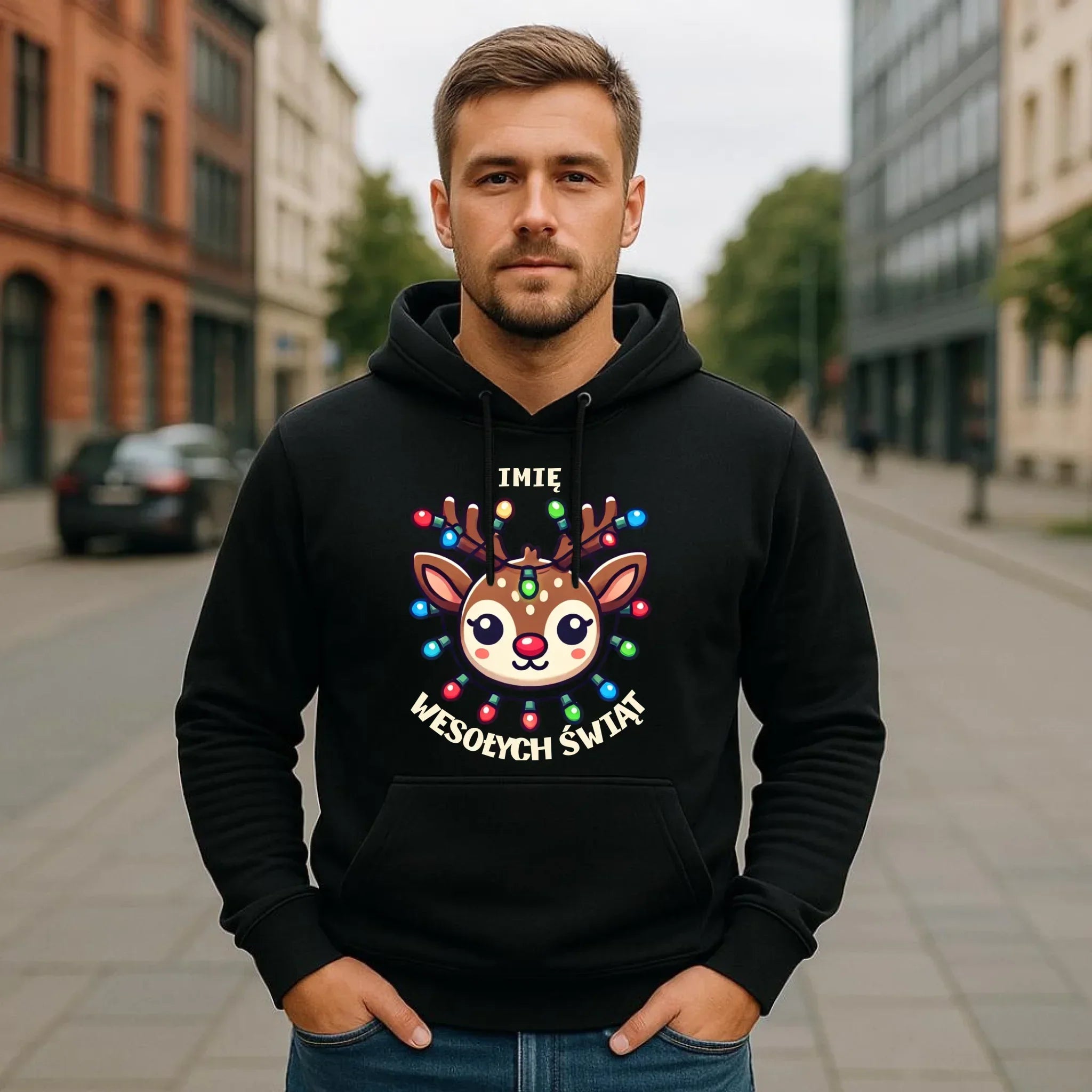 Bluza męska z kapturem świąteczna - Renifer Wesołych Świąt - personalizowana BN72