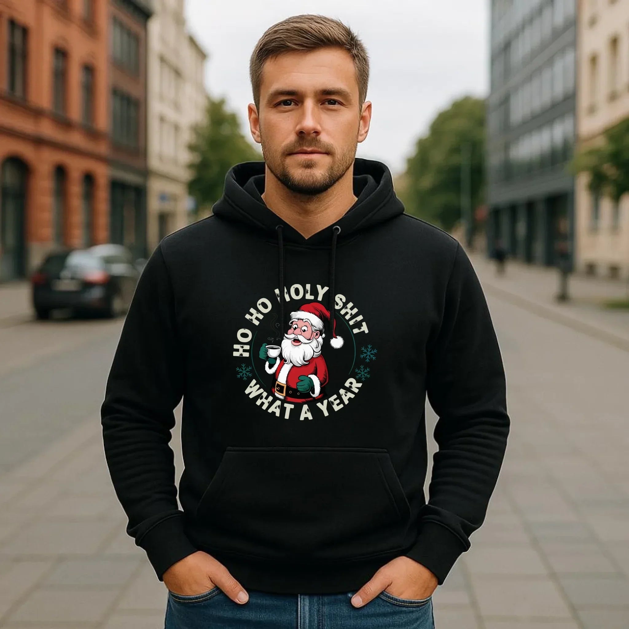 Bluza męska z kapturem świąteczna - Ho ho holy shit what a year BN74 - StoryCups.pl