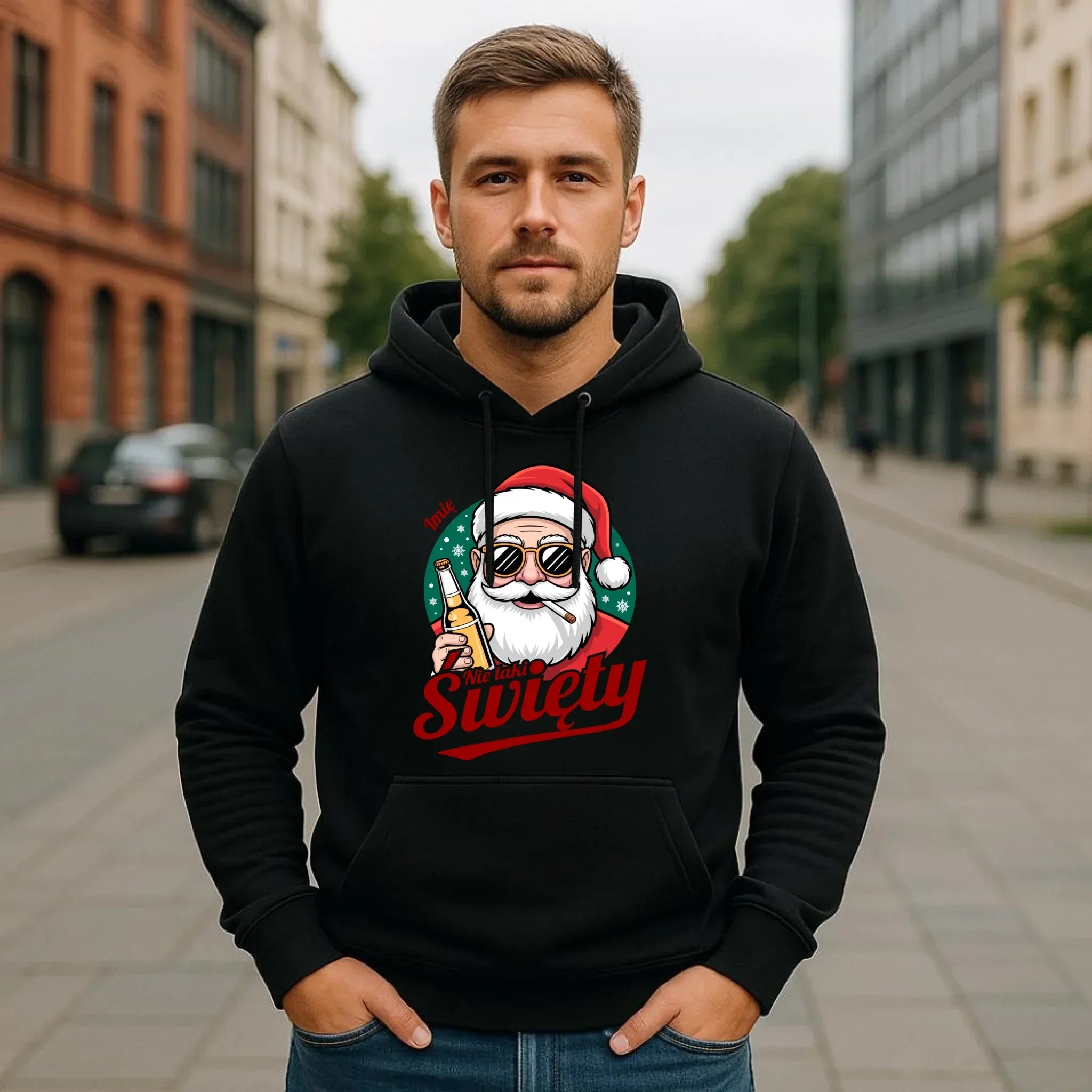 Bluza męska z kapturem świąteczna - Mikołaj nie taki święty - personalizowana BN80 - StoryCups.pl