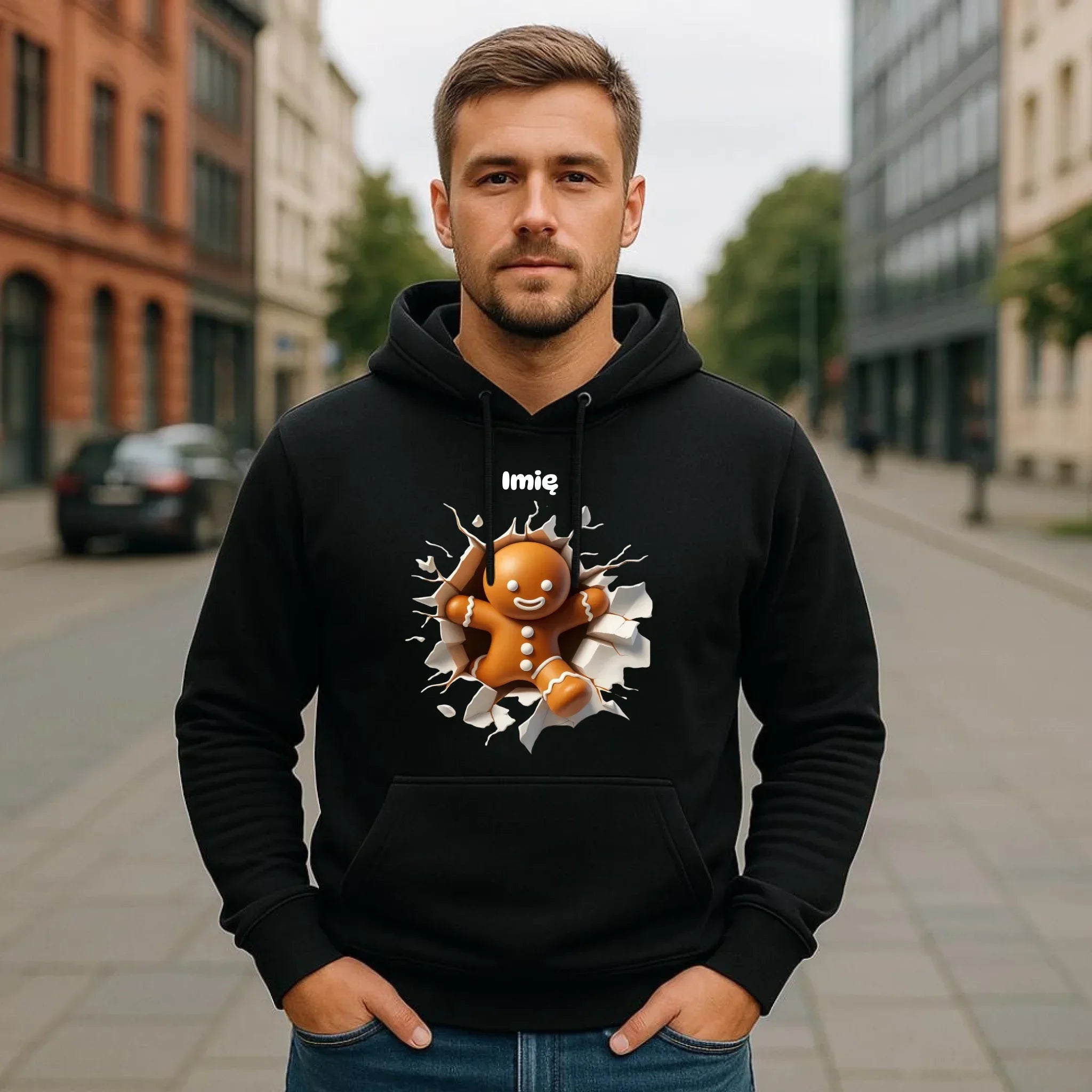 Bluza męska z kapturem świąteczna - Pierniczek 3D - personalizowana BN81 - StoryCups.pl