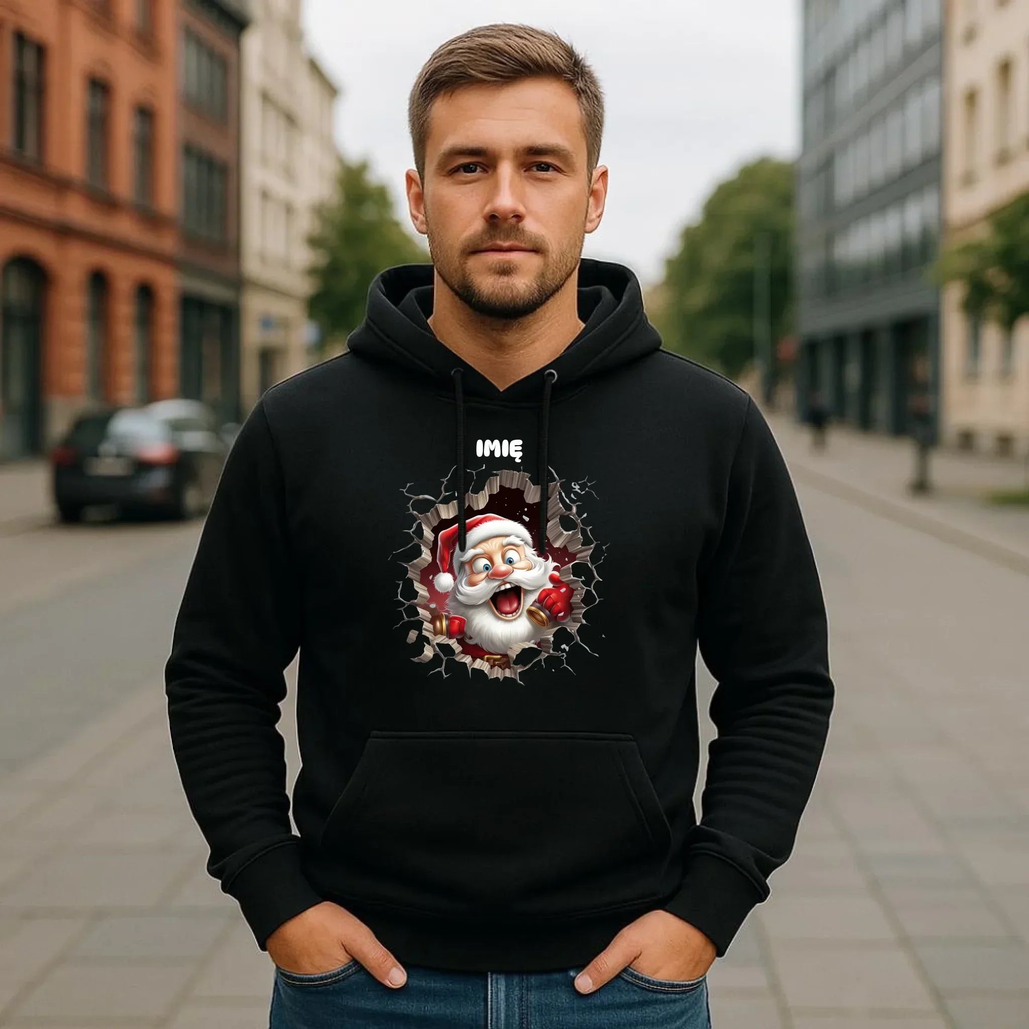 Bluza męska z kapturem świąteczna - Mikołaj 3D - personalizowana BN85 - StoryCups.pl